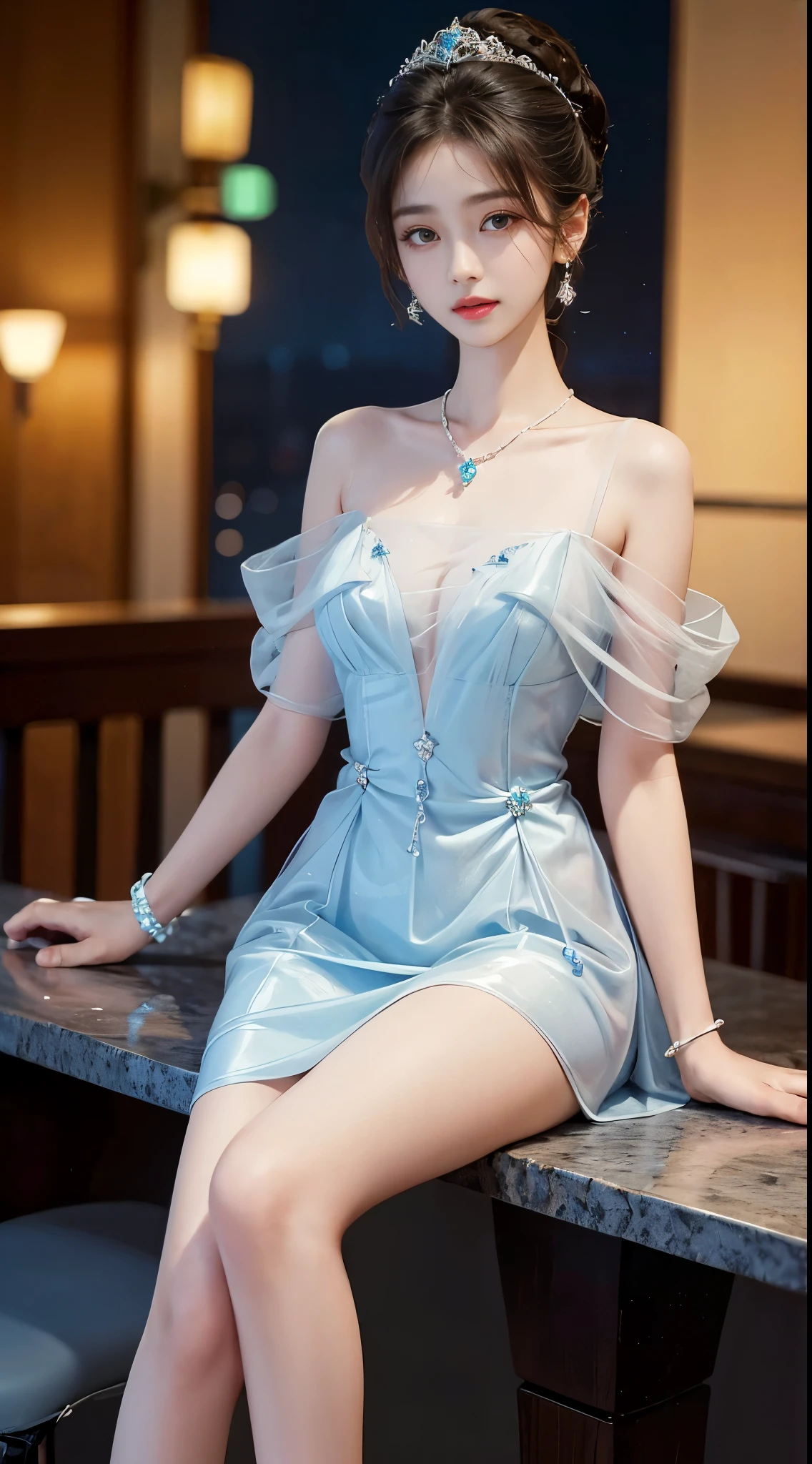 Sweet girl clothes8,(gem:1.3), ((full body)), ((from below)), ((sitting position)), ((Sit on a barstool)), clear face, pretty face, 8k, masterpiece, original photo, best quality, detail:1.2,lifelike, detail, Very detailed, CG, unified, wallpapers, depth of field, movie light, lens flare, Ray tracing, (extremely beautiful face, beautiful lips, beautiful eyes), intricate, detail的脸, ((ultra detailed skin)), 1 girl, in the darkness, deep shadow, beautiful korean girl, kpop idol,(Very slim figure:1.3), A plump chest, Large breasts, Slender sexy legs, Very nice legs, elegant posture, (bright smile), (City night, (neon lights), (night), beautiful korean girl, white diamond earrings, Diameter bracelet, Dia necklace, clear eyes, (big eyes)