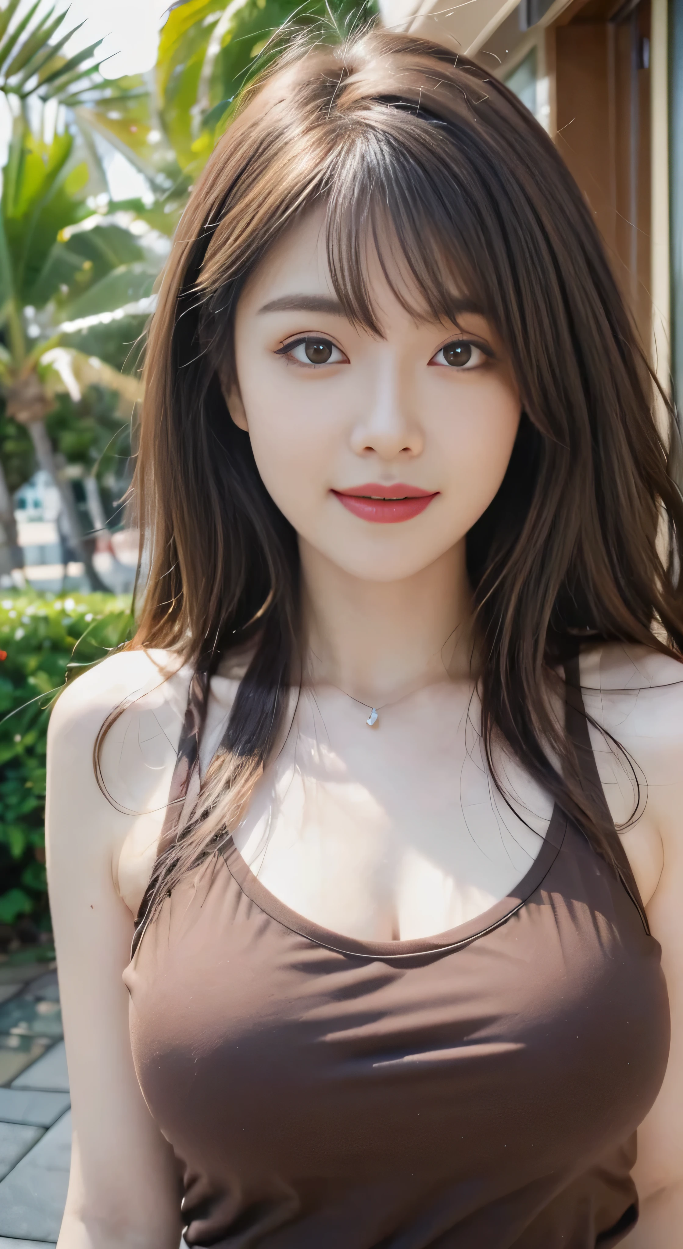 ((realistic lighting、best quality、8 thousand、master masterpiece:1.3))、clear focus:1.2、1 woman、perfect body beauty:1.4、slim abs:1.1、whole body、((dark brown hair、big bust:1.3))、(Accelerate:1.4)、(fresh、daylight:1.1)、View of Waikiki Beach、palm tree、slim face、good eyes、double eyelid、Pose of a fashion model、floating hair、t-shirt、~ During、angel smile