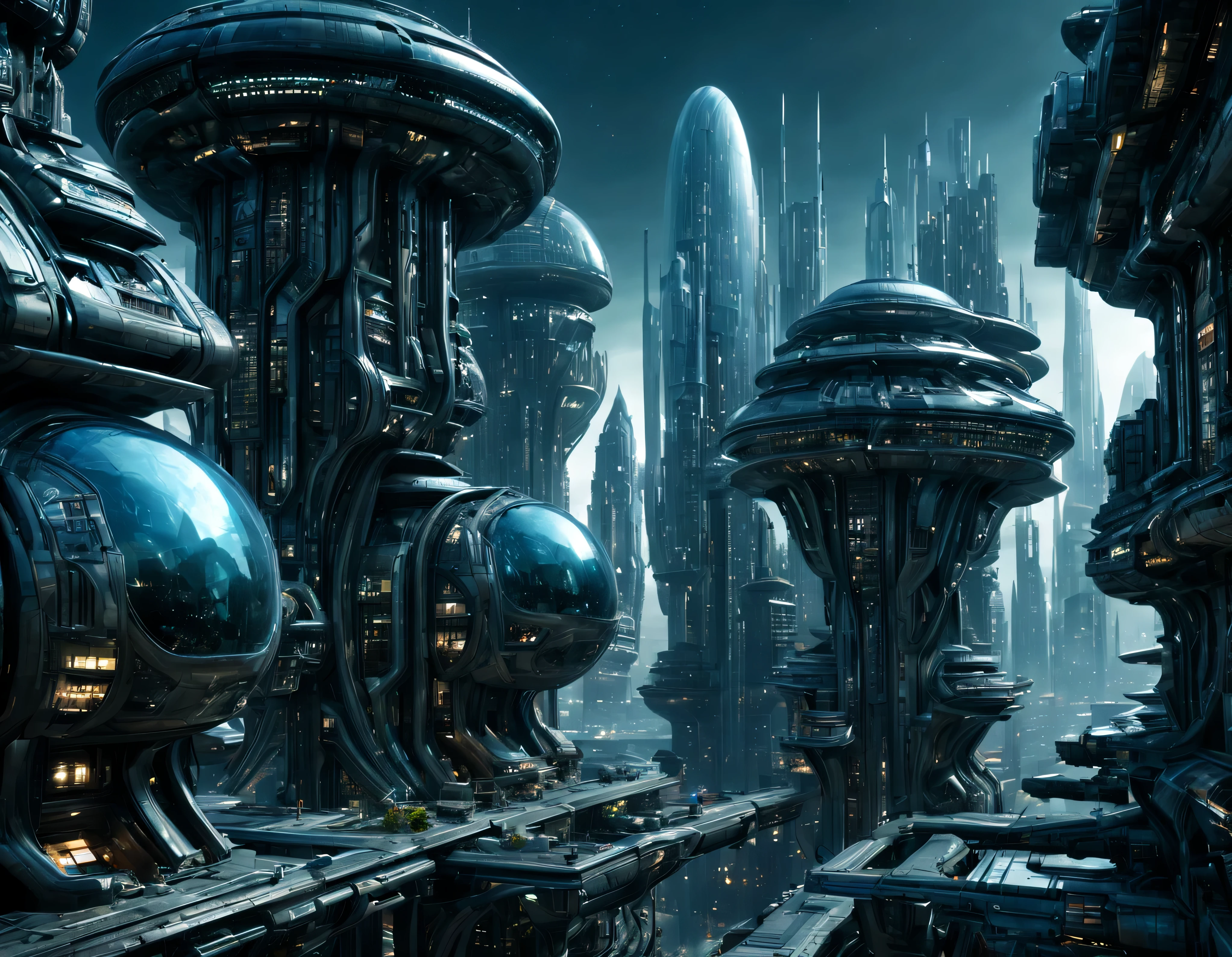 street of an extraterrestrial alien city with futuristic and technological architecture in its metal and glass conglomerado de buildings, some aliens walking around, ventanas iluminadas, all full of imagination, science fiction and (intrincados detalles de la maquina).imagen fotorrealista, Maximum sharpness, calidad 8k.(obra maestra de calidad superior). 3D.