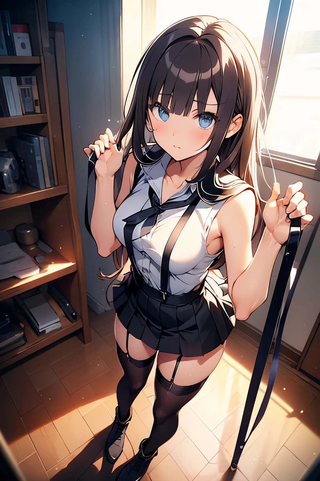 brown hair、looking at the viewer　　suspenders　　　Bulging big breasts　　 　 　　　　Black miniskirt　garter belt　knee high socks　　　　　　Gaze　　　small face　bangs 　　　　　Beauty　　hands up　　 　Gaze 　black boots 　provocation　　armpit sweat　one person 　　put your hands behind your back　cutter shirt　　Panty shot　ginka 
