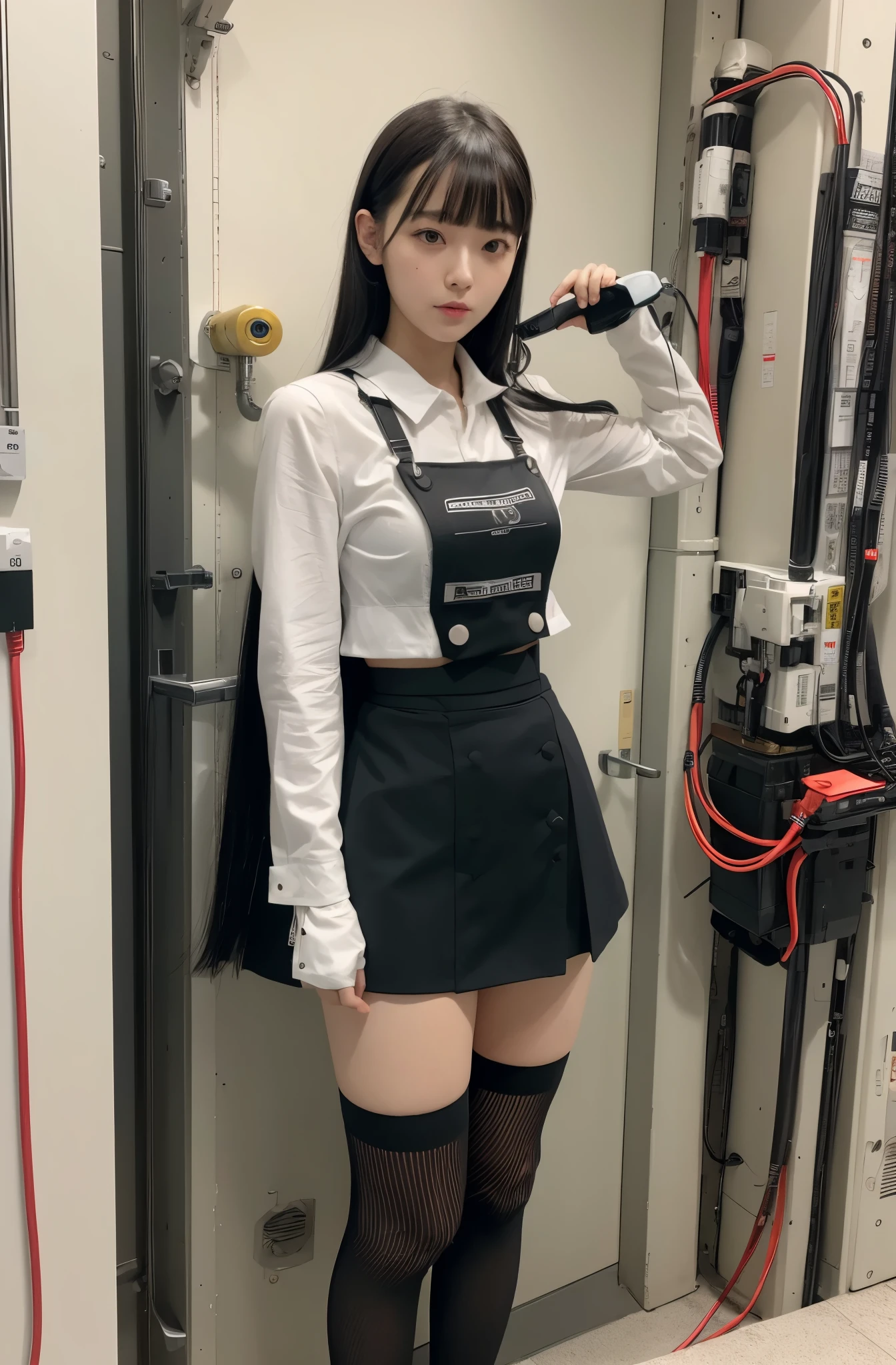 masterpiece, best quality, extremely detailed, Japaese android girl,Plump , control panels,android,Droid,Mechanical Hand, Robot arms and legs, Black hair,Blunt bangs,perfect robot girl,long tube,thick cable connected her neck,android,robot,humanoid,cyborg,japanese cyborg girl ,future laboratory,connecting a cable between the legs,skirt, high socks
