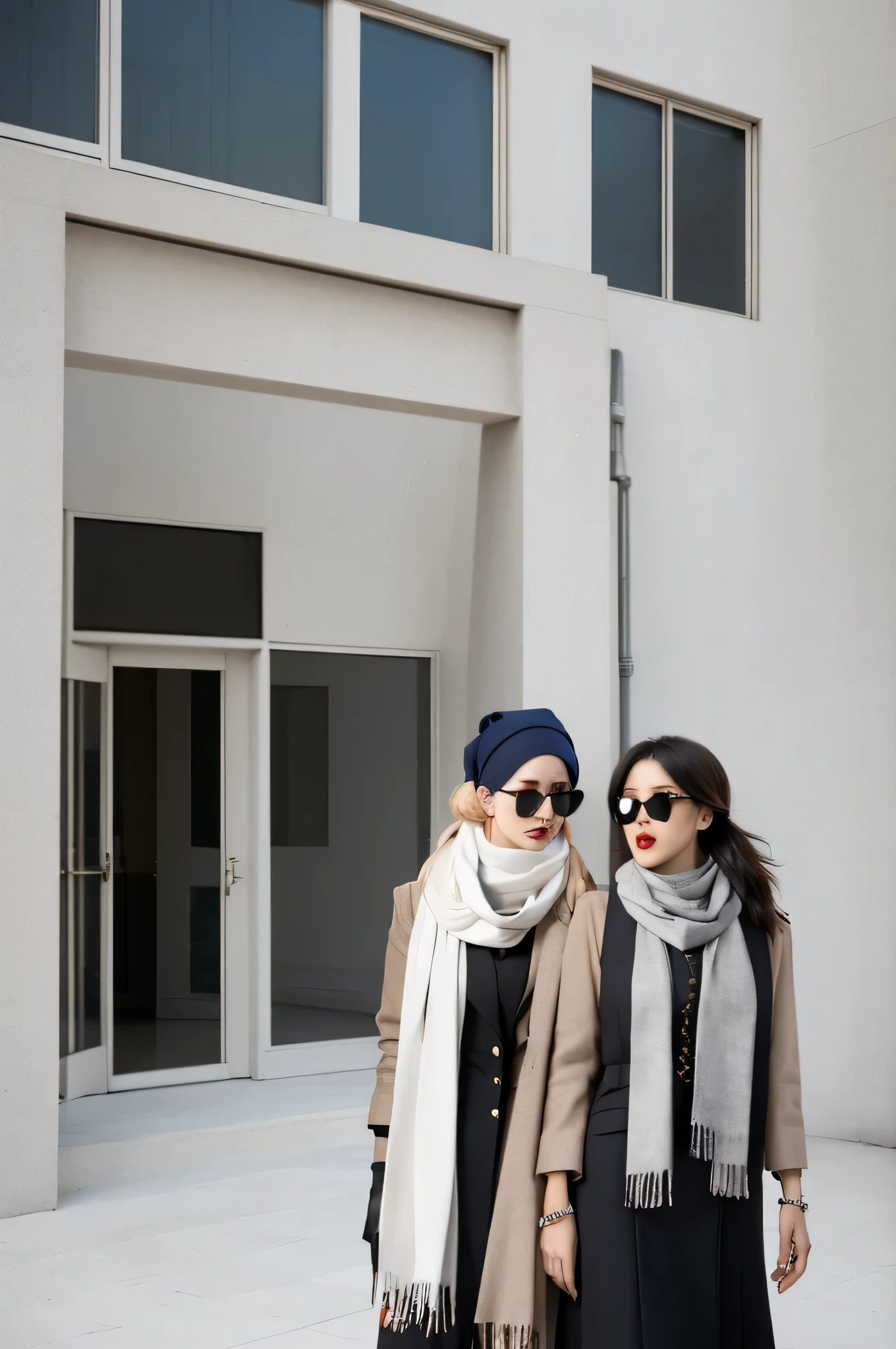 two women wearing scarves and sunglasses are standing in front of a building, a photo inspired by Alfred Jensen, trending on cg society, bauhaus, wearing a scarf, scarf, 2 0 2 0 fashion, head scarf, bandana, sunglasses and a scarf, bandanas, collar around neck, wearing intricate, choker around neck, inspo, wearing a head scarf, versatile