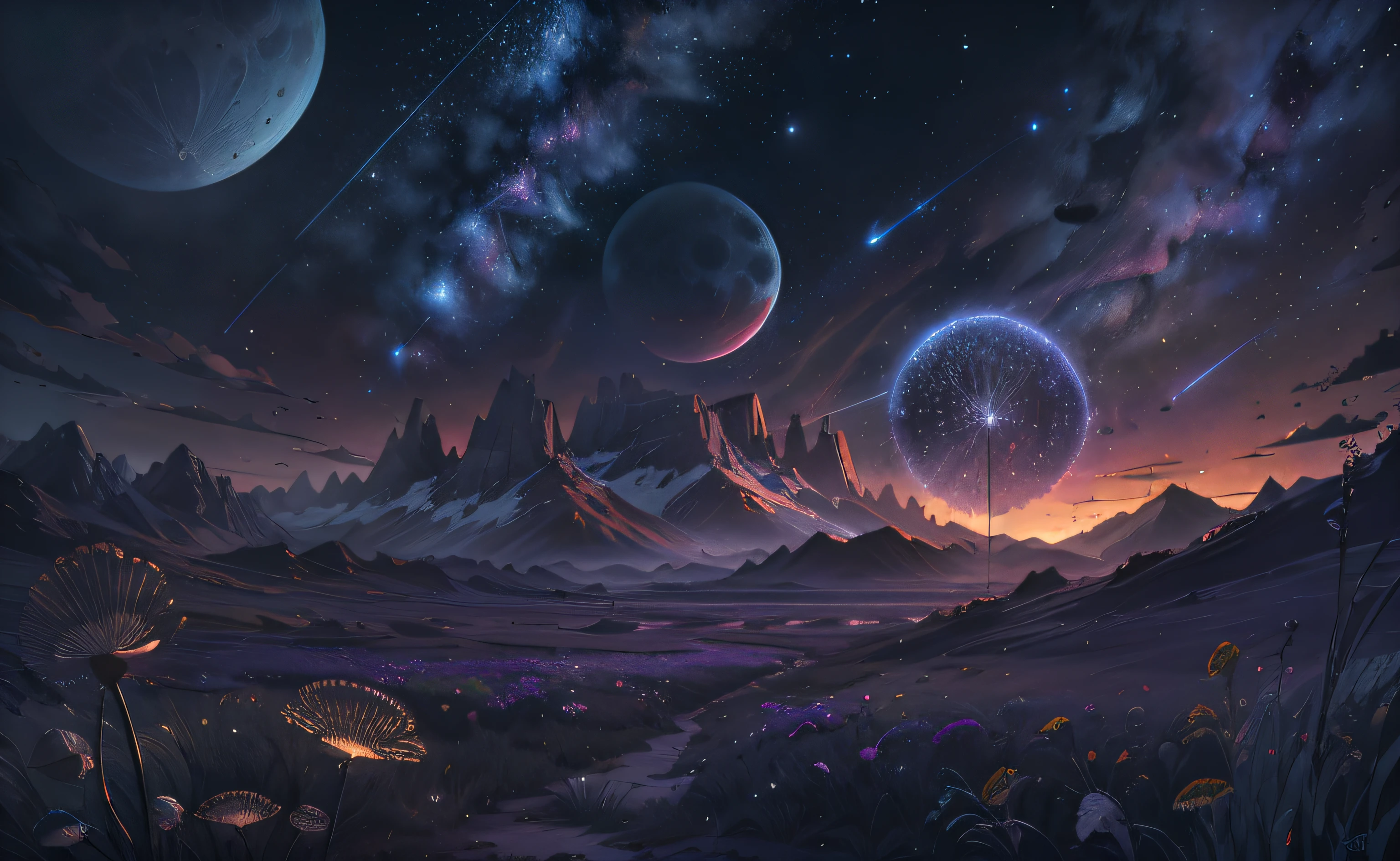 (Absurd, Cinematic, UHD, tallest, ultra detailed, ultra detailed), dark purple sky, nebula in the sky, last 5 in the sky, big moon in the sky, shooting star, dandelion field, mountain, oil painting, detailed dandelion field, detailed sky, sunset, unreal engine 4k wallpaper