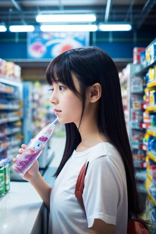 She is looking at the ramune bottle curiously. A spiral galaxy is spreading inside the ramune bottle.. Super realism photo. Japanese emotion. A poetic depiction.12 years old