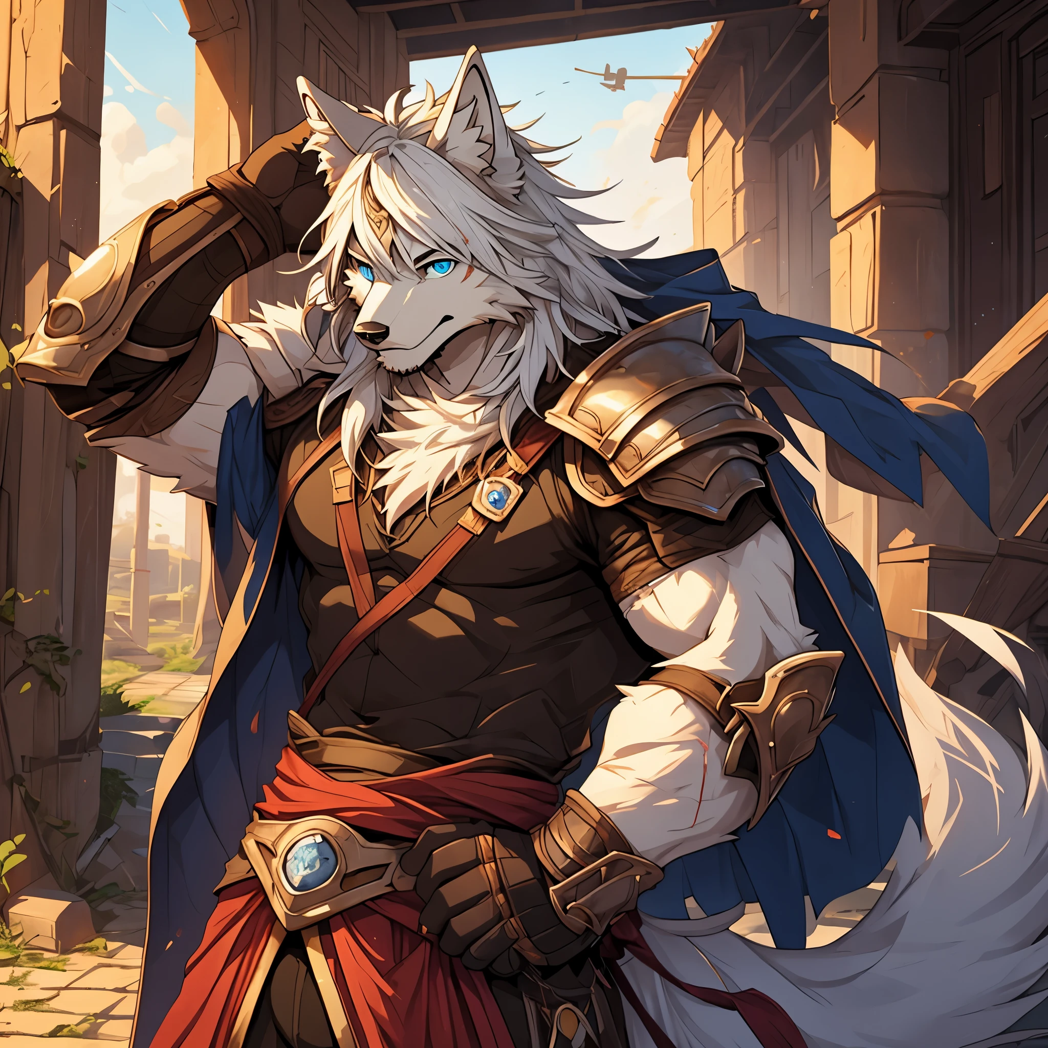 Injuried、、and、Sad eyes、wounds、armor、sword、hairy、masterpiece、Anthropomorphic white wolf，blue eyes，pure white hair