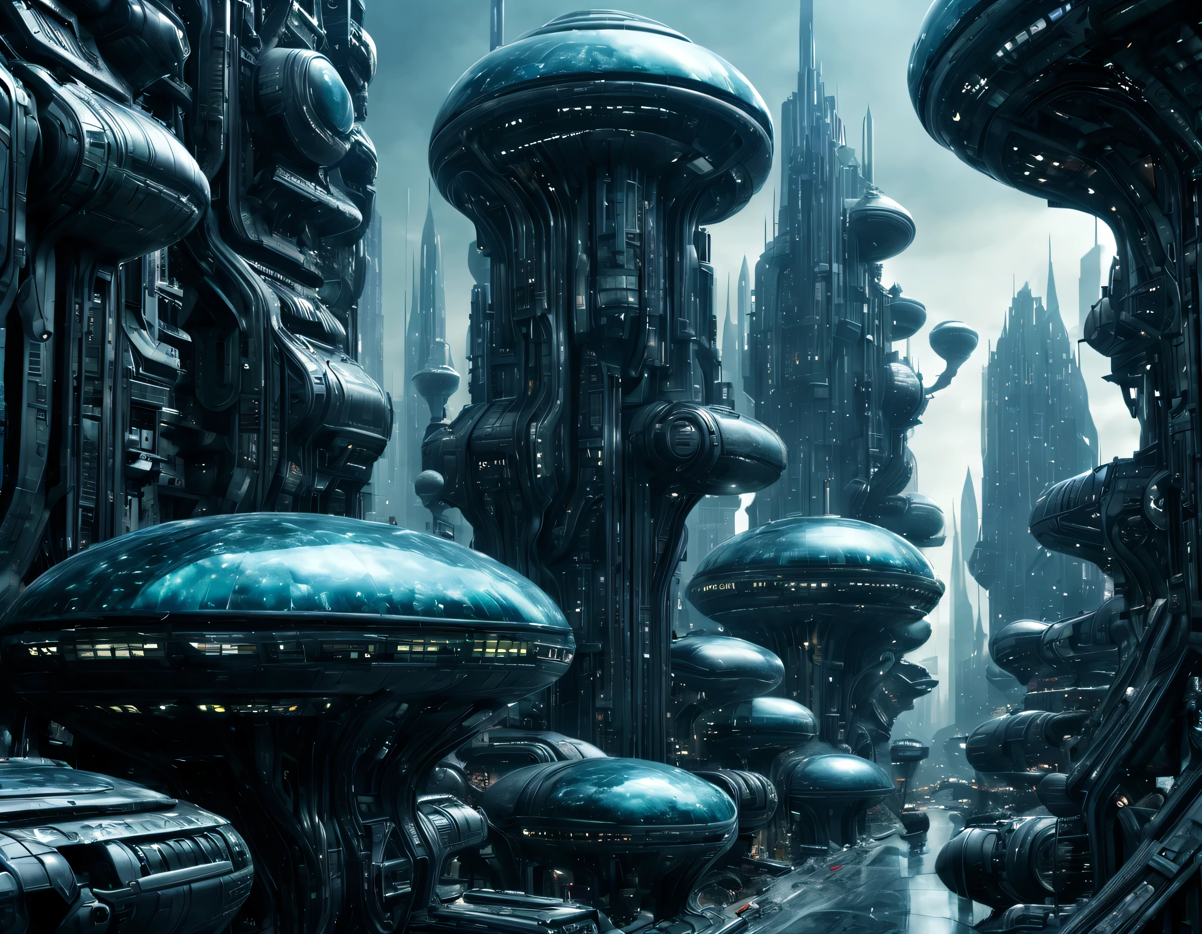 street of an extraterrestrial alien city with futuristic and technological architecture in its metal and glass conglomerado de buildings, some aliens walking around, ventanas iluminadas, all full of imagination, science fiction and (intrincados detalles de la maquina).imagen fotorrealista, Maximum sharpness, calidad 8k.(obra maestra de calidad superior). 3D.
