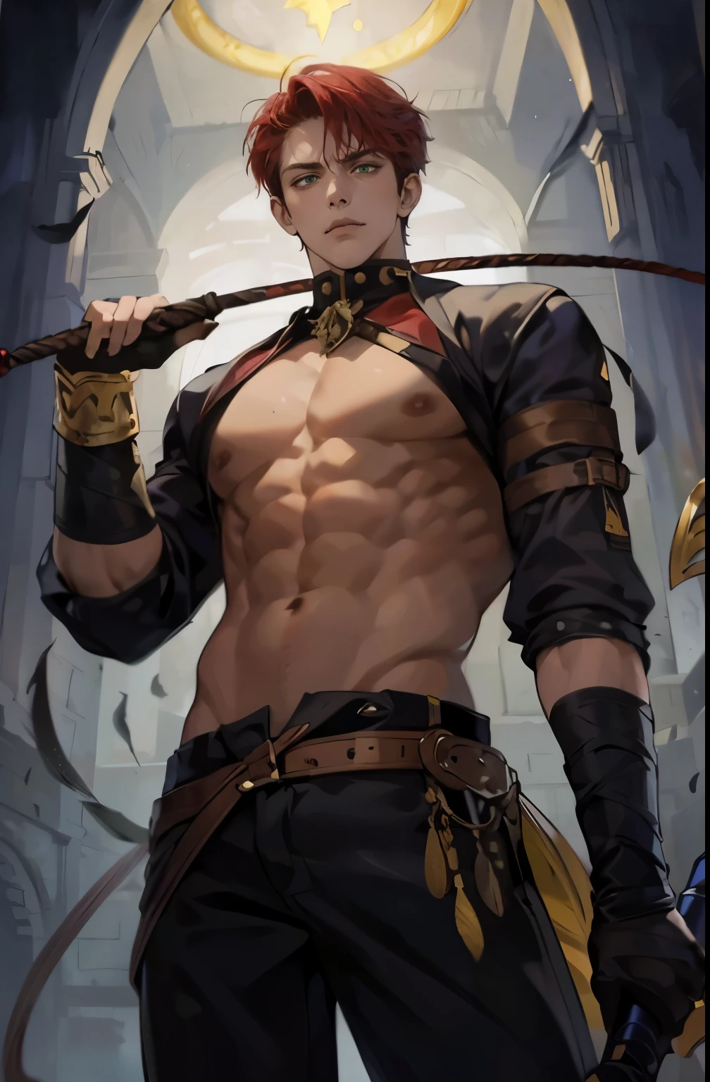 1 boy, handsome face, Perfect male body, red hair, green eyes, (glaring, holding a whip in his hand, serious expression, tsundere), standing in castle, Medieval aristocratic men's clothing., best quality, amazing quality, very aesthetic, absurdres, masterpiece,