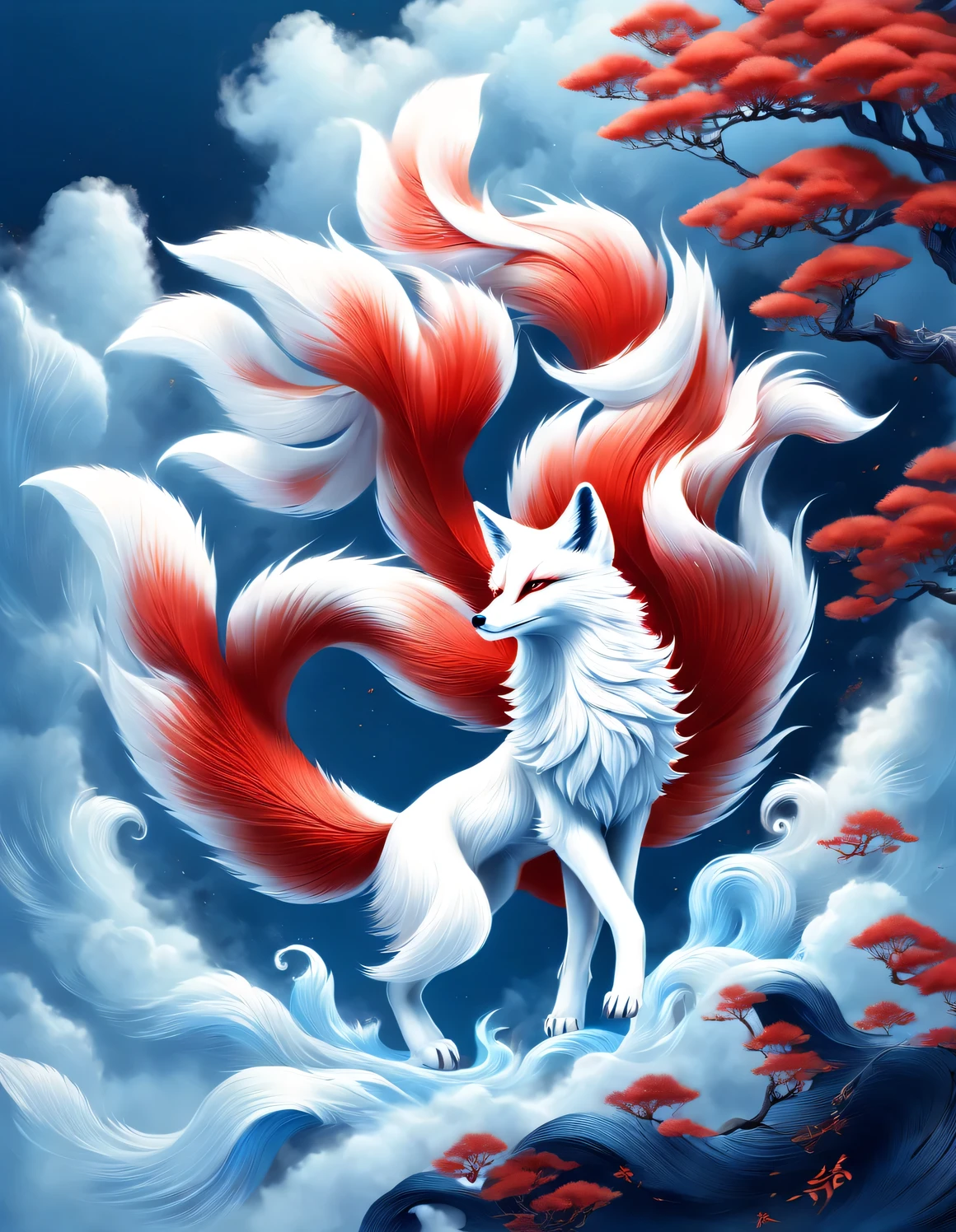 scenography, role conception, a white fox with blue eyes in ancient Chinese mythology, There are nine red tails spreading wildly below (All aside), standing posture, dynamic poses, (The nine huge red tails that protrude from the fox&#39;s waist down), (blue eyes), With clear fox claws, Mysterious legends, Chinese mythology, Ancient divine beasts, and Chinese Classic of Mountains and Seas, concept art, illustration, 8k, Smooth, clear focus, fantasy, Epic visual effects,