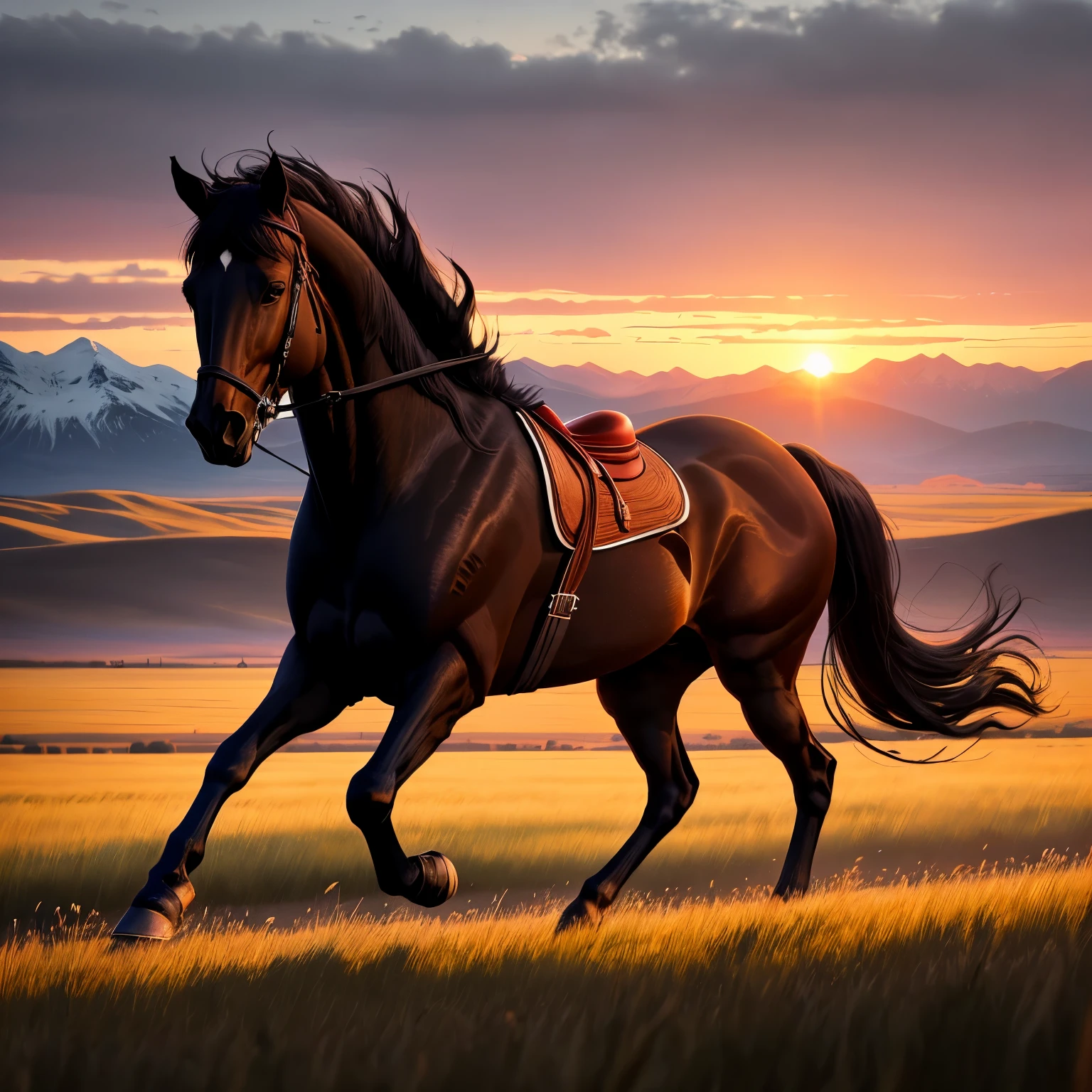 a dark black horse without saddle, running in the prairie, sunset light, mountains in the background, much gras in the foreground, , 