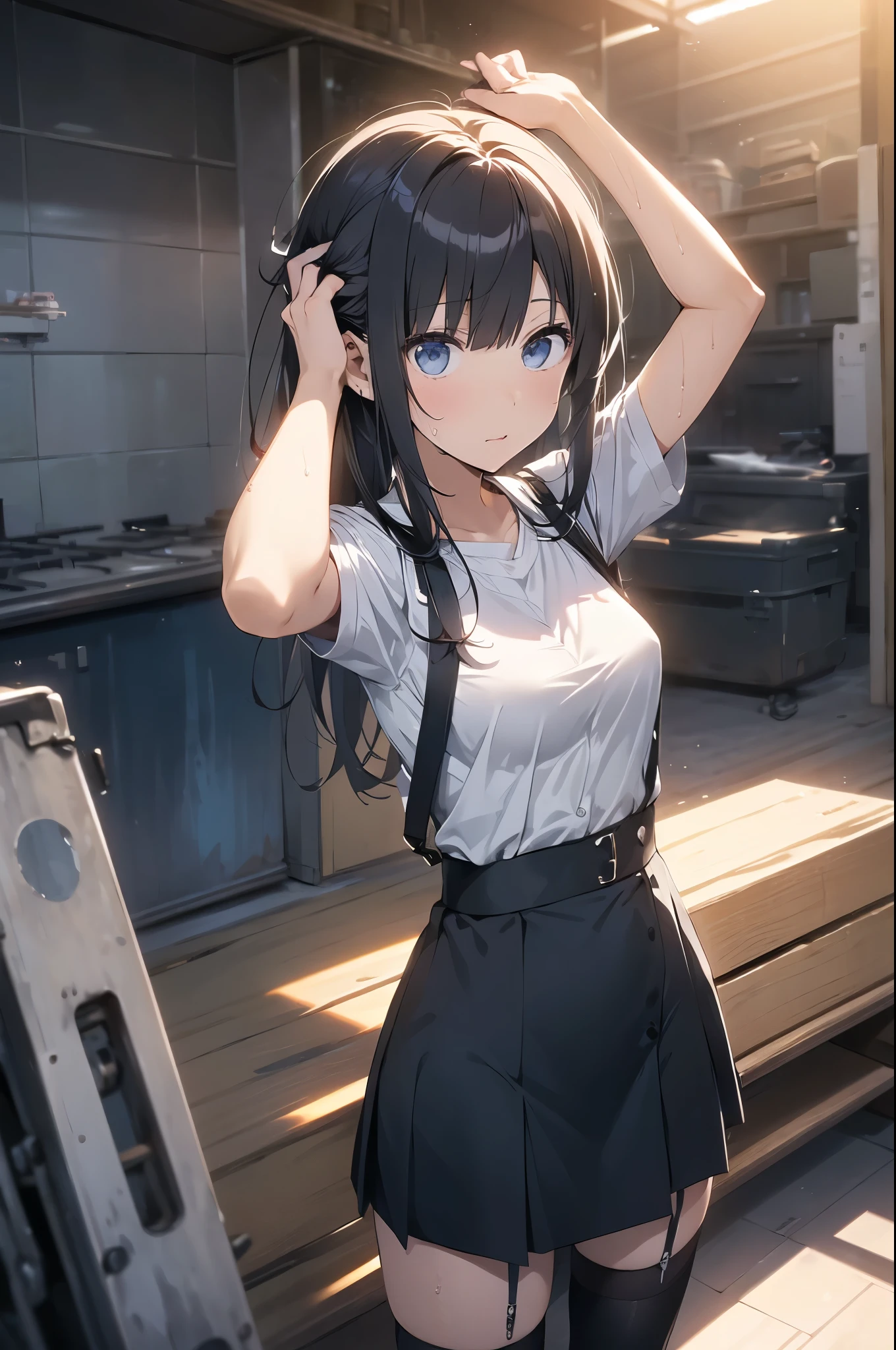 brown hair、looking at the viewer　　suspenders　　　Bulging big breasts　　 　 　　　　Black miniskirt　garter belt　knee high socks　　　　　　Gaze　　　small face　bangs 　　　　　Beauty　　hands up　　 　Gaze 　black boots 　provocation　　armpit sweat　one person 　　put your hands behind your back　cutter shirt　　Panty shot　ginka 
