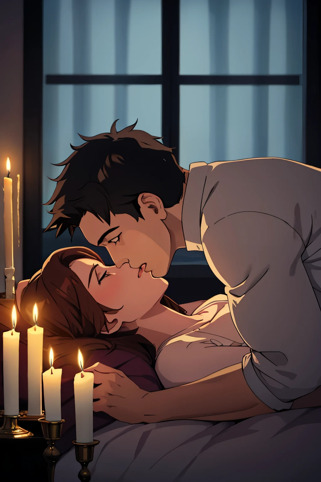Boy and woman, beautiful woman, kissing each other with passion, in a bedroom, bright room, candles lit, night time,