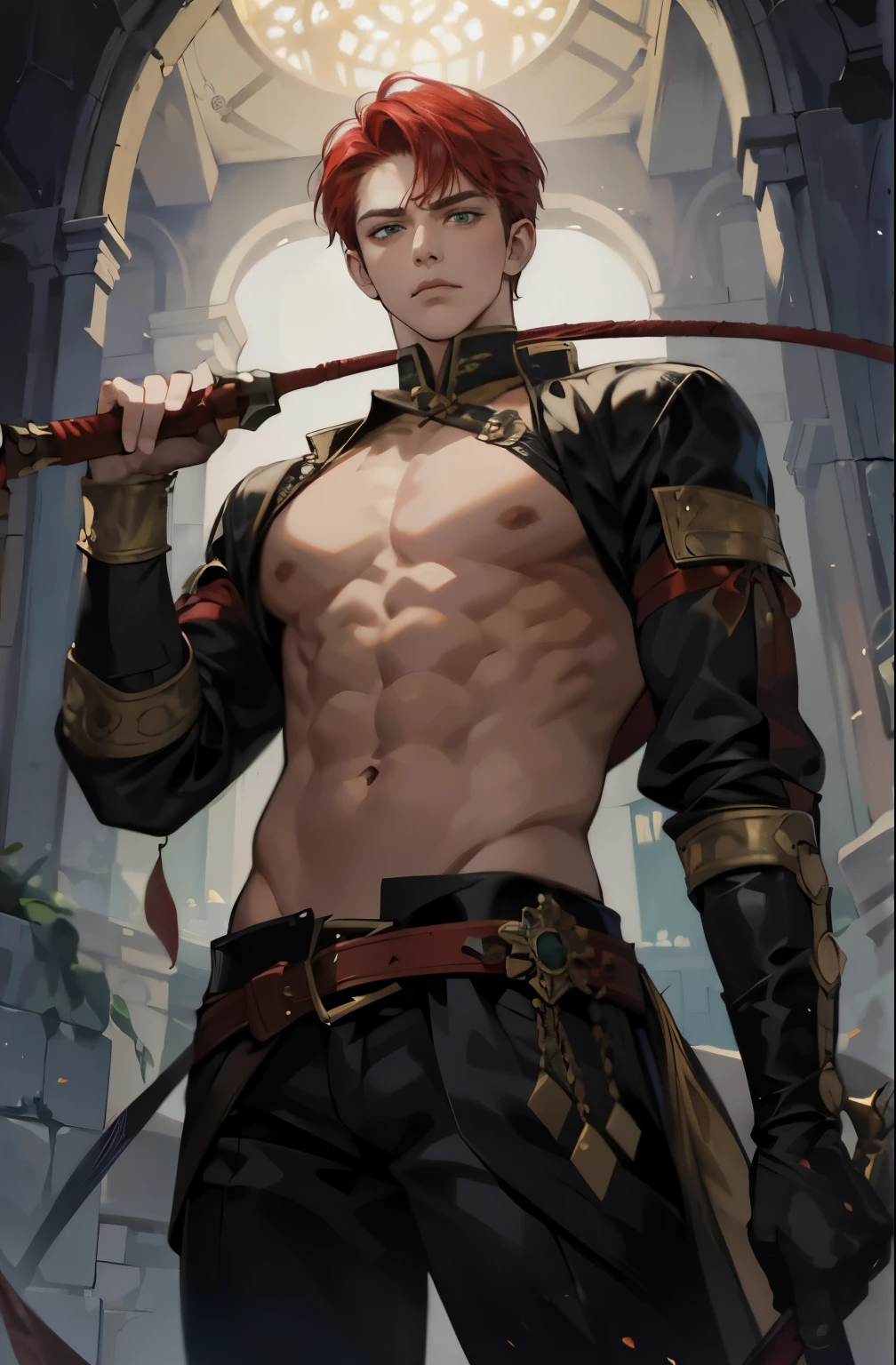 1 boy, handsome face, Perfect male body, red hair, green eyes, glaring, holding a whip in his hand, serious expression, tsundere, standing in castle, Medieval aristocratic men's clothing., best quality, amazing quality, very aesthetic, absurdres, masterpiece,