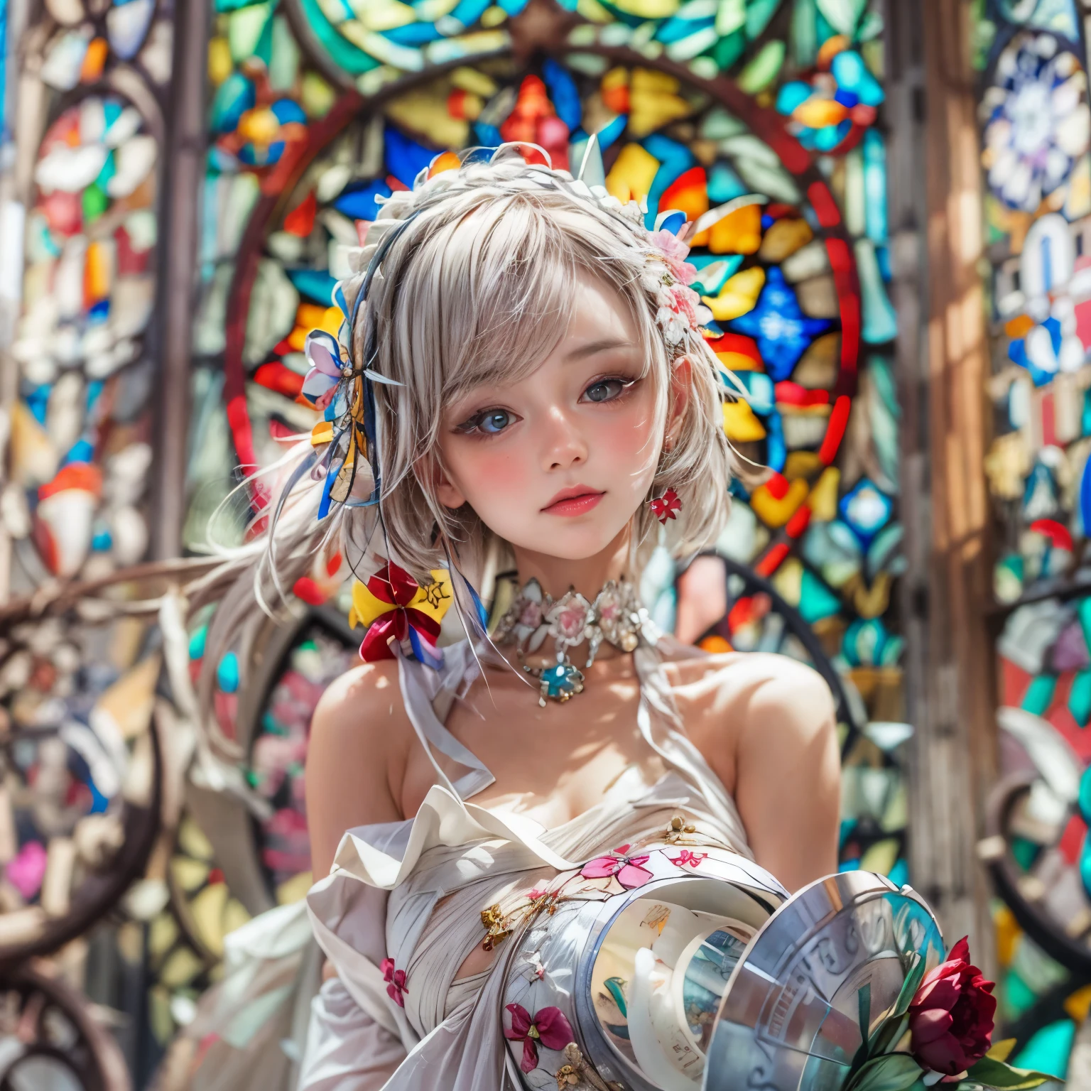 KAWAII girl in ((WHITE loose opened Uniform)), with Glossy RED lips, (Exposed:0.7), (nipple:-1), { Extremely closeup | Dynamic-angle }, ((Dazzling stained glass Background)), (( colorful Light pours down from stunning elaborate stained glass:1.2)), vivid Red colors . ((Acutance:0.8, physically-based 3D rendering with Volumetric lighting)), (masterpiece:1.2), (ultra-detailed:1.35), (realistic, photorealistic, ((photo-realistic:1.37))with touch of rawness) . ((Renbutsu Misako)), (Extremely detailed KAWAII face variations, with Dynamic expressions),  (detailed eyes with sparkling highlights), captivating gaze, long eyelashes, subtle blush on the face, rosy cheeks, impeccable ivory skin texture . { full of flowers covering girl's body | Mystic sight | God rays | haze | Light Particle | Luminous Particle | Lens Flare | A Halo in the air | Overflowing underboob | Button Undoned } . (((Large eyes:-0.9))) .