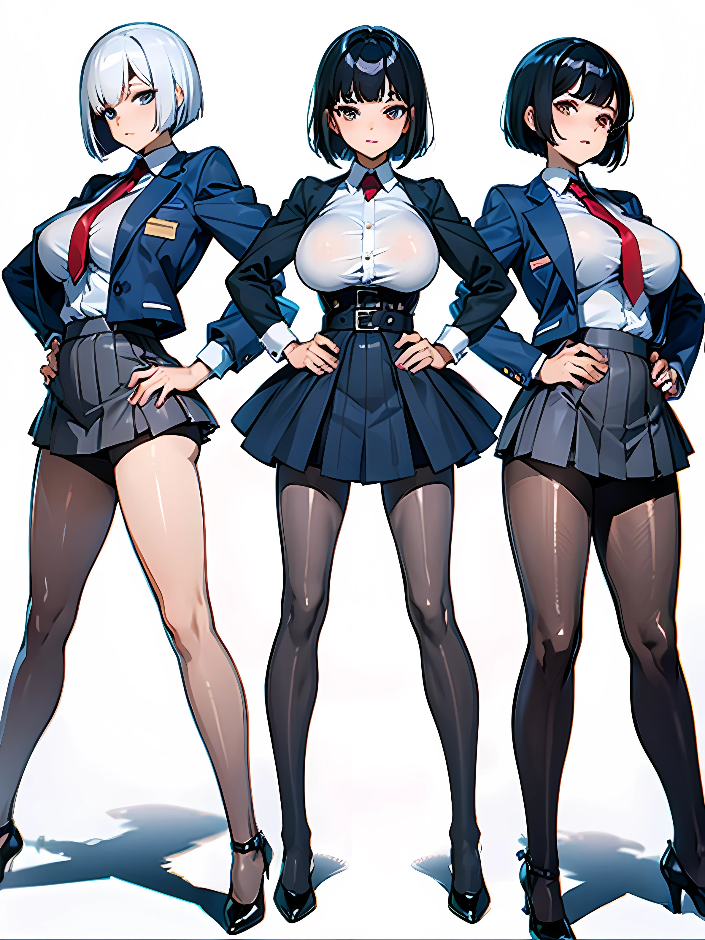 short bob, パンスト, black hair, big breasts, short skirt and pantyhose, standing with legs apart, hands on the hips, front view, character sheet style