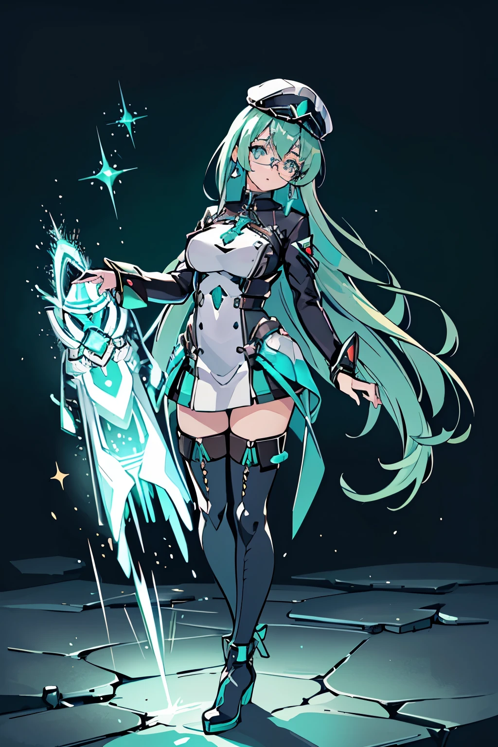 Anime, Girl, (((1girl))), (((Waifu, Xenoblade Chronicles 2, Pneuma Waifu))), (((Seafoam Green Hair, Long Hair))), ((Seafoam Green Eyes eyes:1.3, Upturned Eyes: 1, Perfect Eyes, Beautiful Detailed Eyes, Gradient eyes: 1, Finely Detailed Beautiful Eyes: 1, Symmetrical Eyes: 1, Big Highlight On Eyes: 1.2)), (((Lustrous Skin: 1.5, Bright Skin: 1.5, Skin Fair, Shiny Skin, Very Shiny Skin, Shiny Body, Plastic Glitter Skin, Exaggerated Shiny Skin, Illuminated Skin))), (Detailed Body, (Detailed Face)), Young, Idol Pose, (Best Quality), ((((Techwear))), (((Military Uniform))), (((Military Cap))), (((Military Coat))), (((Thigh-high Heeled Boots))), (((Reading Glasses))), (((Earrings)))) High Resolution, Sharp Focus, Ultra Detailed, Extremely Detailed, Extremely High Quality Artwork, (Realistic, Photorealistic: 1.37), 8k_Wallpaper, (Extremely Detailed CG 8k), (Very Fine 8K CG), ((Hyper Super Ultra Detailed Perfect Piece)), (((Flawlessmasterpiece))), Illustration, Vibrant Colors, (Intricate), High Contrast, Selective Lighting, Double Exposure, HDR (High Dynamic Range), Post-processing, Background Blur