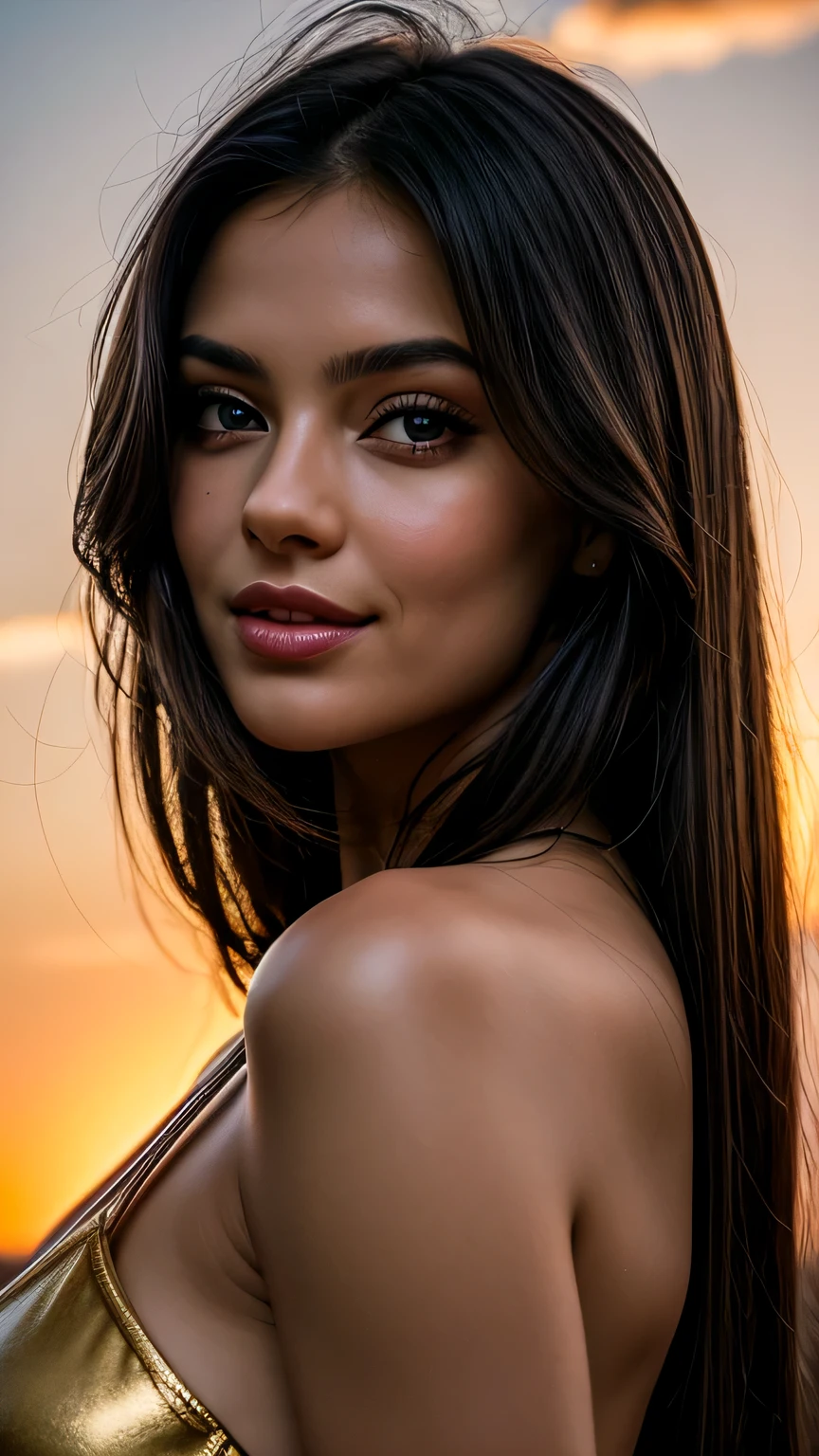A photorealistic portrait of a stunning lady with long, flowing black hair illuminated by the warm hues of a golden sunset. Her lips curl into a playful smirk, showcasing their captivating beauty. Her bright eyes twinkle with mischief as she meets the viewer's gaze with confidence and joy. Capture the intricate details of her hair, the sun-kissed glow on her skin, and the vibrant colors of the sunset reflecting in her eyes.