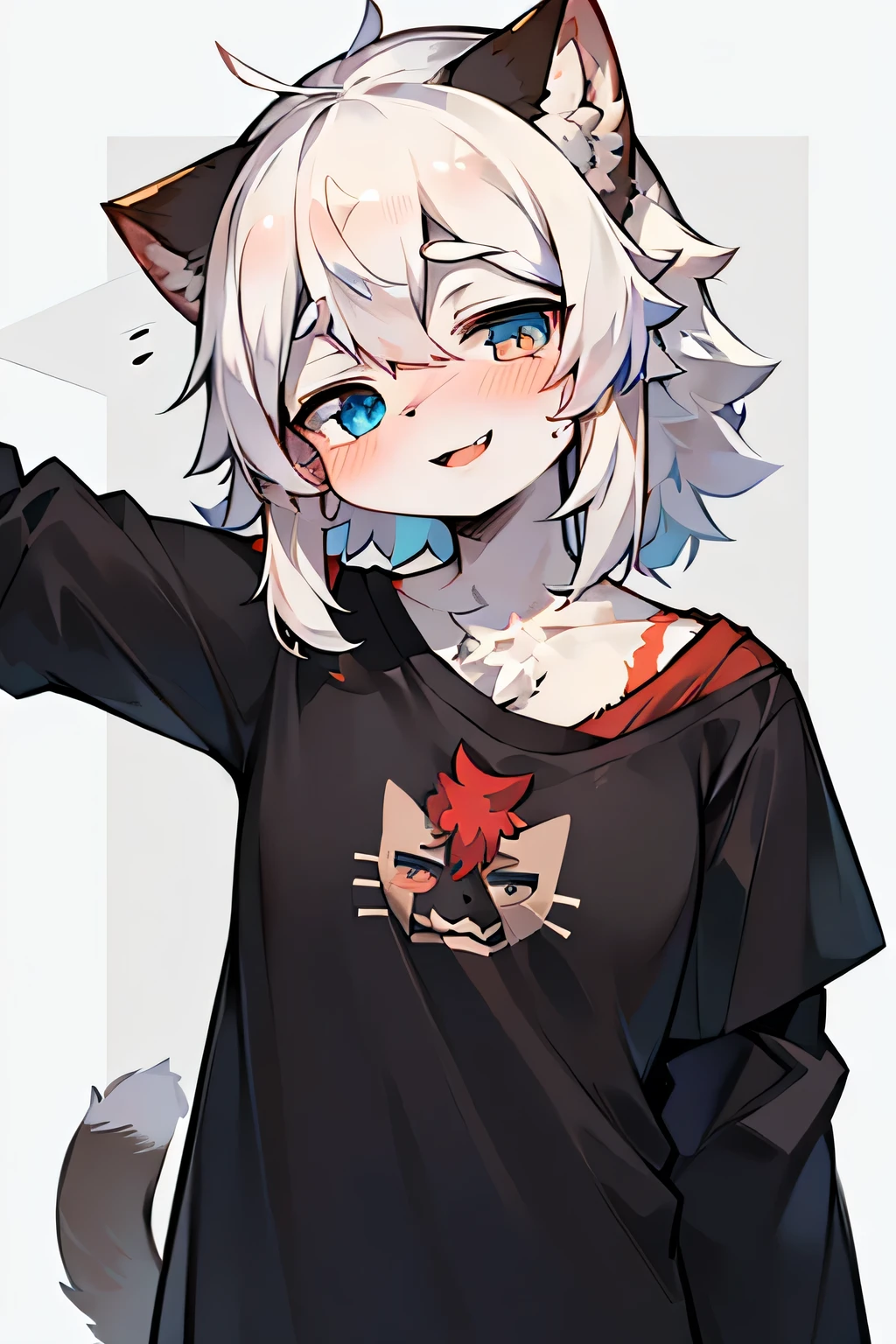 , hairy, Female hairy, 1 girl, alone, whole body, beast, Cat, Cat的尾巴white色尾巴.), Cat耳(white色的耳朵.), hair skin(white), hairy(Hair is straight and fluffy., (white的头发), Heterochromia(One eye is red., One eye is blue.), blush, big smiling mouth, , shirt, Front view, Lazy。sleepy eyes。