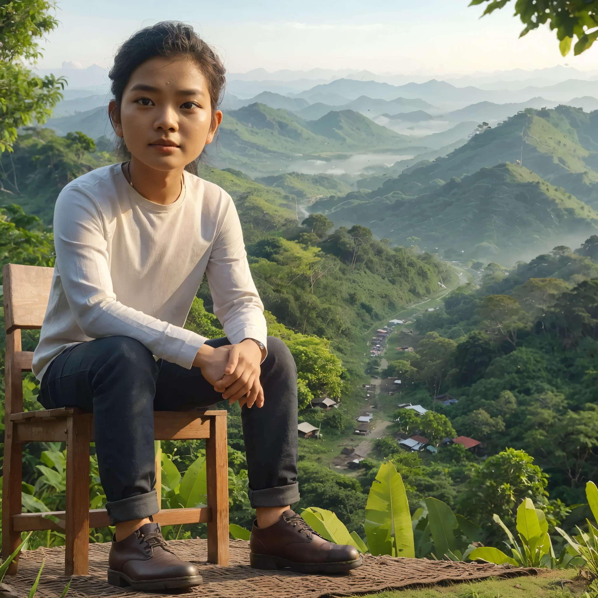 Seorang pria asia umur 30 tahun, sedang duduk di sebuah kursi kayu, latar belakang pemandangan dari atas bukit dengan banyak pepohonan dan gunung yang hijau.
detail, colorfull, uhd 32k.