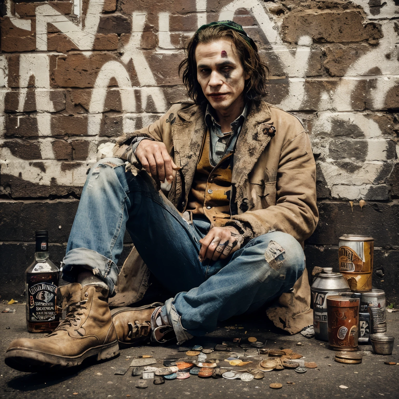 Original image of Joker. He was poor, a beggar, sitting on the street wearing a dirty shirt, jacket, jeans, shoes and hat. His face was dirty and sad, with a bottle of Jack Daniels whiskey, and coins scattered around him. Wall background with worn graffiti writing. These high-resolution real-life images are highly detailed, ultra-HD digital graphics.