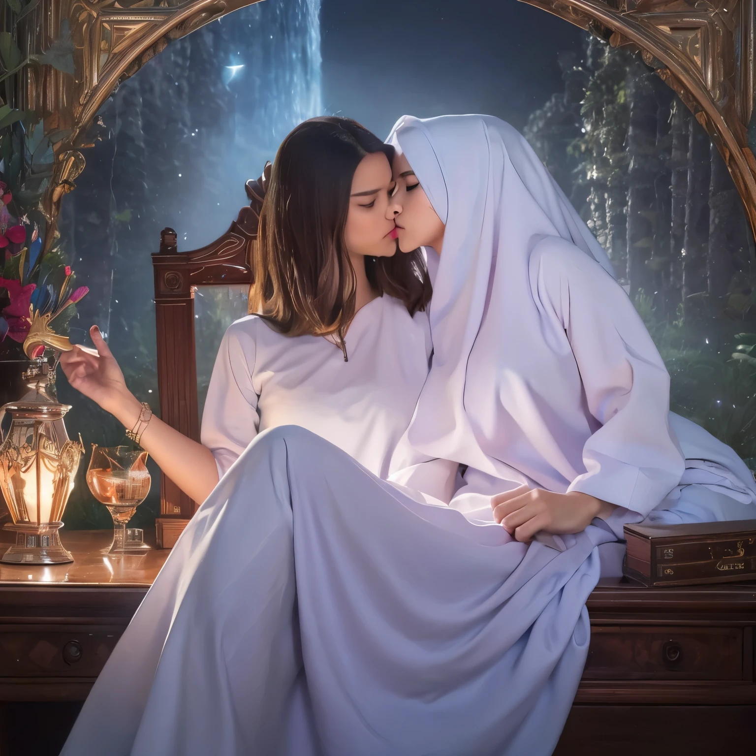 two cathlic nuns - Anushka Shetty and her friend Emma Watson, curvy, British, 20s, catholic nun, smile, standing behind a tree, aerial view, dark night, only moon light, cleavage and navel, nude, pouring water on her body over the head, dressed in transparent  cotton, hugging and kissing , front view, pubic hair