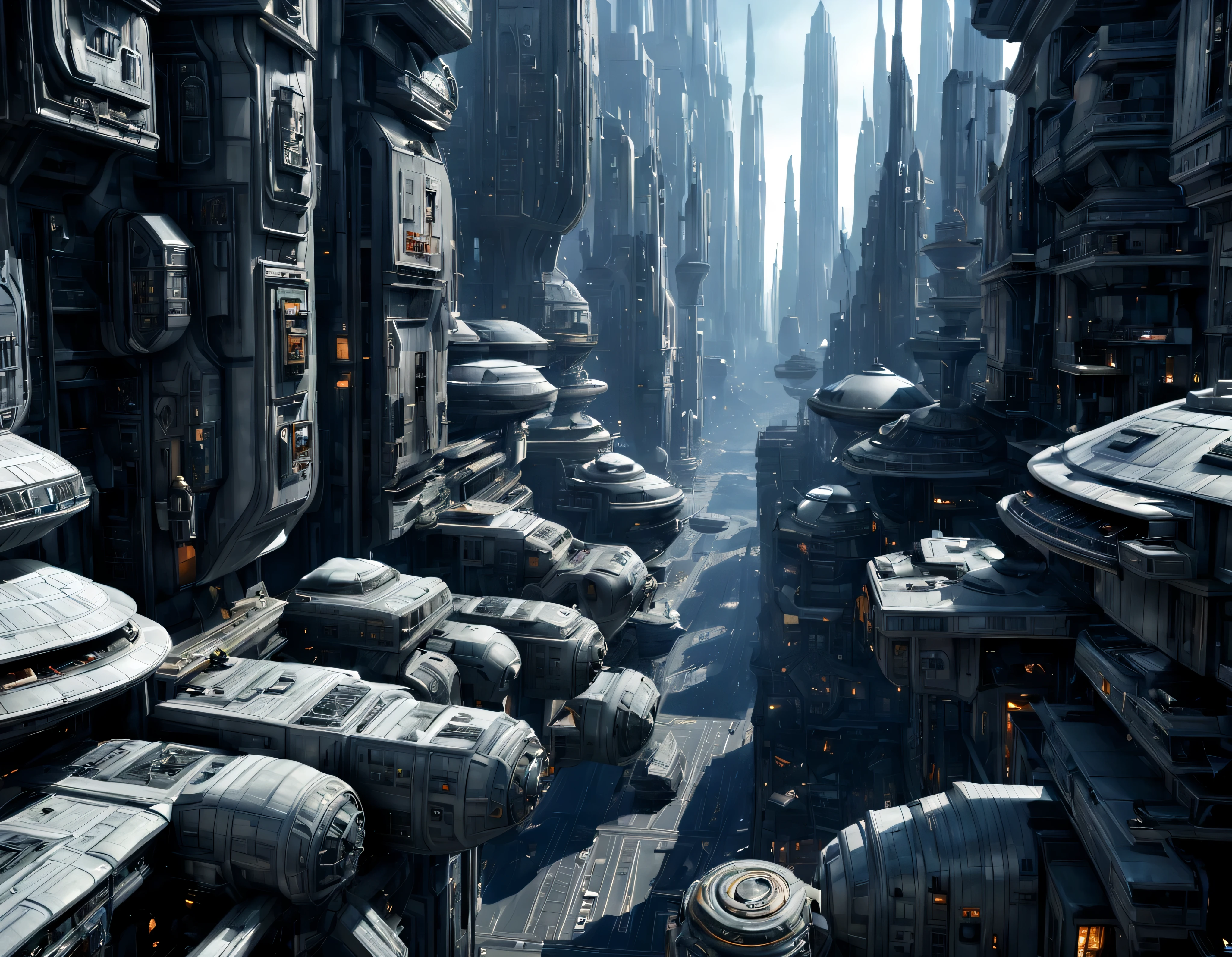 (The city of Coruscant from Star Wars as designed by Doug Chiang), futuristic fantasy city with immense buildings of technological design (que forman una avenida infinita), non-blurred compact buildings with metallic appearance, luces en ventanas en edificios, daylight lighting with sun, con estructuras acristaladas espectaculares, (con colores vivos). pavimento ensolado (sin brillo). gente paseando. imagen bien definida con muchos edificios juntos. sharp well defined 8k image. los edificios llegan alta el fondo.,8k. cinematographic image. ((obra maestra de superior calidad)). (renderizado 3D). fondo nitido.