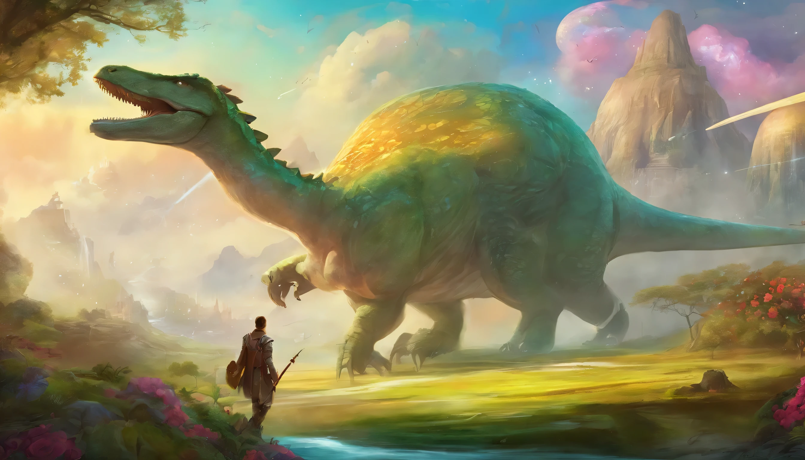 Conclude the story with an image depicting the spaceship and dinosaur in a moment of celebration. Capture the whimsy and joy as the characters symbolize the triumph of surrealism and science fiction, leaving an indelible mark on the fantastical landscape.