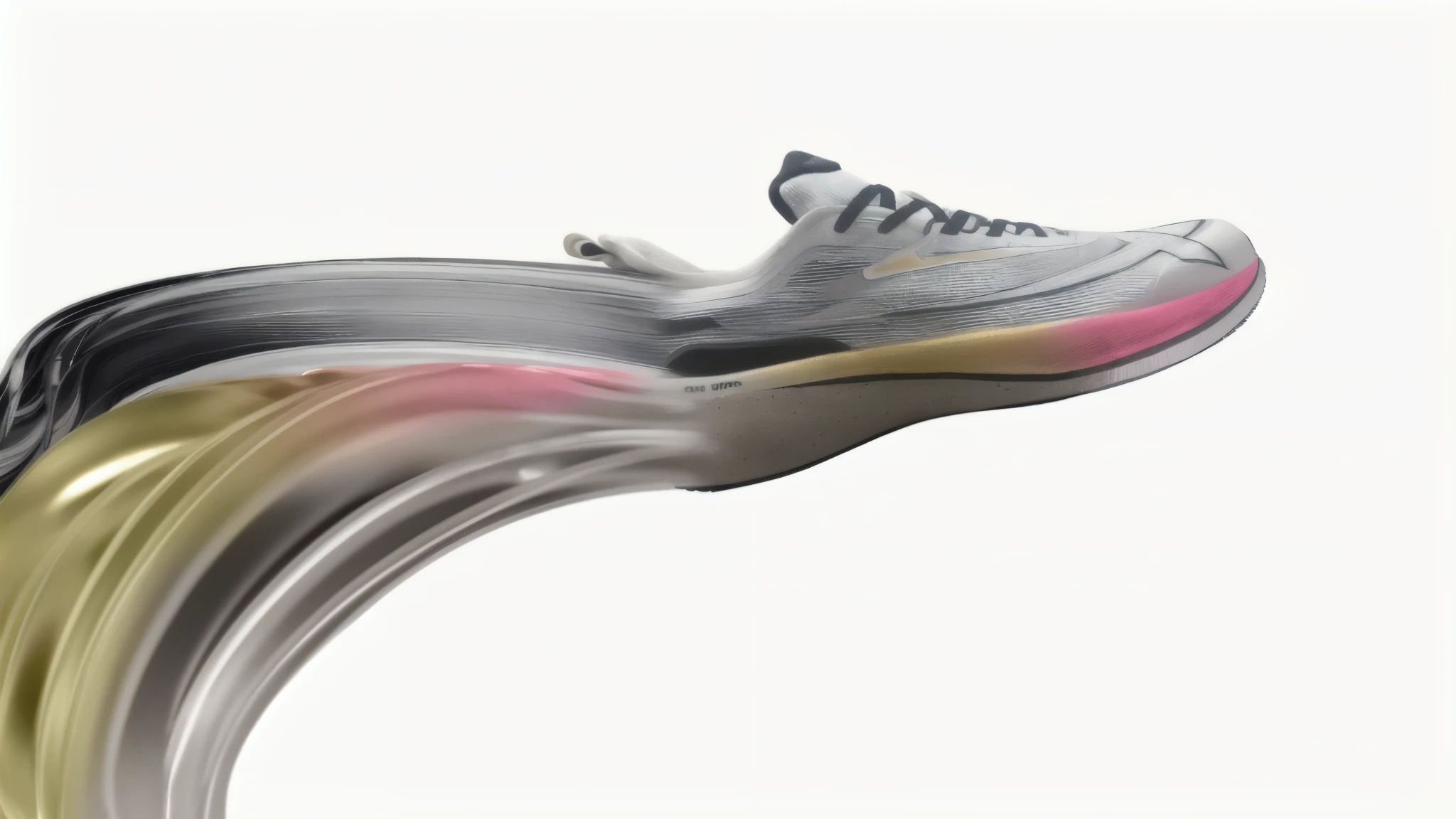A pair of sporty running shoes in dark silver and yellow and pink tones, Presents a unique twisted and elongated shape, Consists of a variety of parts and materials, It has a velvet effect, Dominated by soft gray tones, A subtle contrast with the white sole, The shoes feature a well-designed foam midsole, The sole is made up of black carbon plates, Creates a striking soft and supple finishing touch, The shoes highlight the optical hybrid style, To add texture and depth, The design incorporates delicate feather detailing and high-speed sync technology, This is seamlessly displayed on the pure white surface on which they sit, The transformation of color and texture gives life to the shoes, Rendered using OctaneRender, Push realism to the extreme, Delivers extremely detailed detail in 8K Ultra HD resolution, Every detail echoes the meticulous care and future design direction of his creation, It's a testament to innovation and style