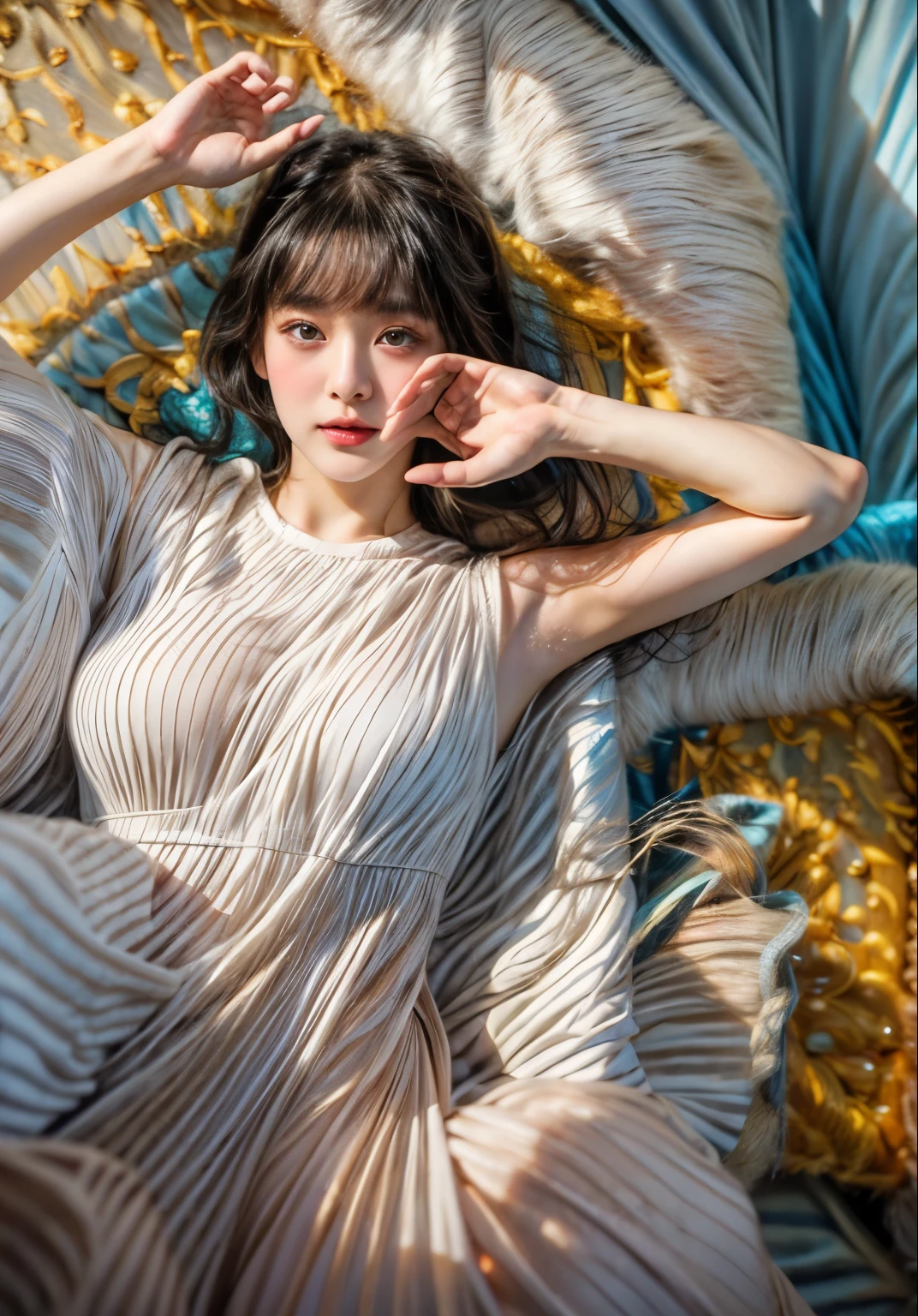 •Woman:
	• Full body portrait
	• Long dress with white pleats and ruffles
	• Brown, long, floating hair
	• Detailed face and skin and hair textures
	• White skin, beautiful legs, beautiful delicate nose
	• Cute young Japan woman, 24 years old
	•Background:
	•glass
	• Scorching sun
	•wind
	•Camera:
	• Overhead camera
	• Sharp Focus: 1.2
	•Accessory:
	• Small necklace around the neck
	•bracelet
	•ring
	•Eye:
	• Detailed eyes
	•Double eyelid
	•Composition:
	• Dynamic angles
	• Soothing tones and contrasting mixes of light and shadow
	• Exudes depressive emotions
	• Pleasing to the eye and thought-provoking
	•Action:
	• Flipping skirt
	• Enhance the subject's hair, eyes, and mouth