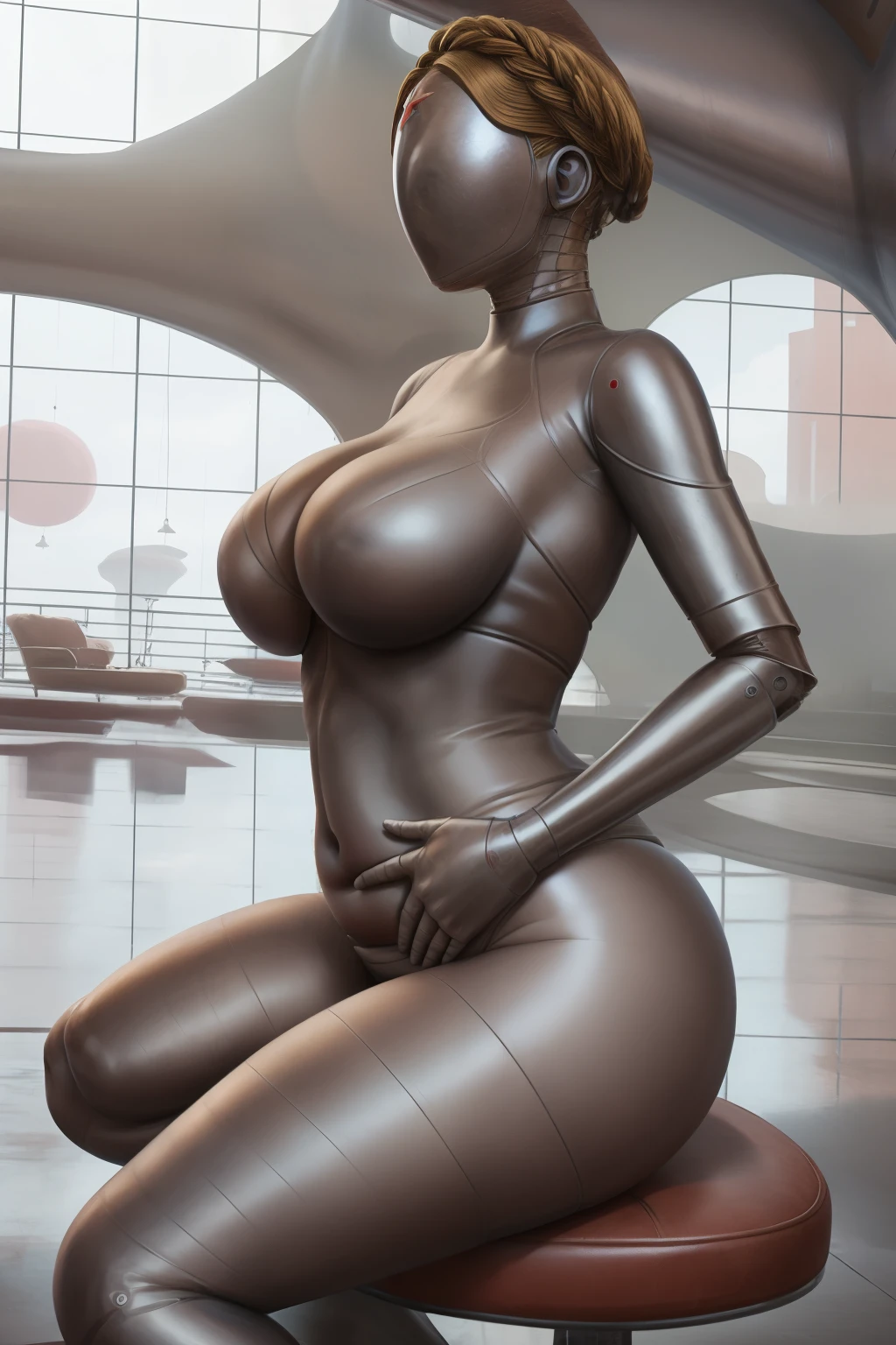 (masterpiece), (faceless), best quality, photorealistic, girl, Atomic Heart, sexy, (arm on belly), soviet star, pose : (sitting on chair, (view from side), (arm on belly)), body : ( very full body, very soft, (grey skin), very curvy, (very chubby), chubby belly, (big deep navel), fed up, love handles, muffin top, wide hips, thunder thighs, belly bulge, fat ass )