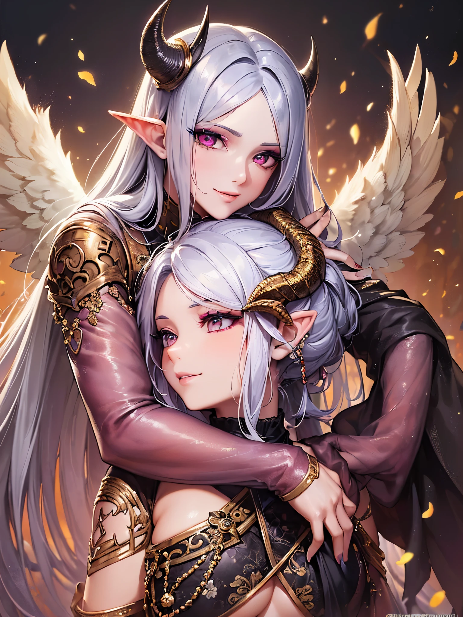 ((highest quality)),(ultra high resolution),(Super detailed),(detailed description),((best CG)),(best work of art),super precision art,great drawing art,(Fantasy art with precise details:1.5), (1 Female Angel:1.6),(one female demon:1.6),(beautiful and well-shaped face:1.5),(makeup:1.5),(smile:1.4),(troubled face:1.4),(hugging each other:1.6),(Meticulously detailed clothing:1.7),