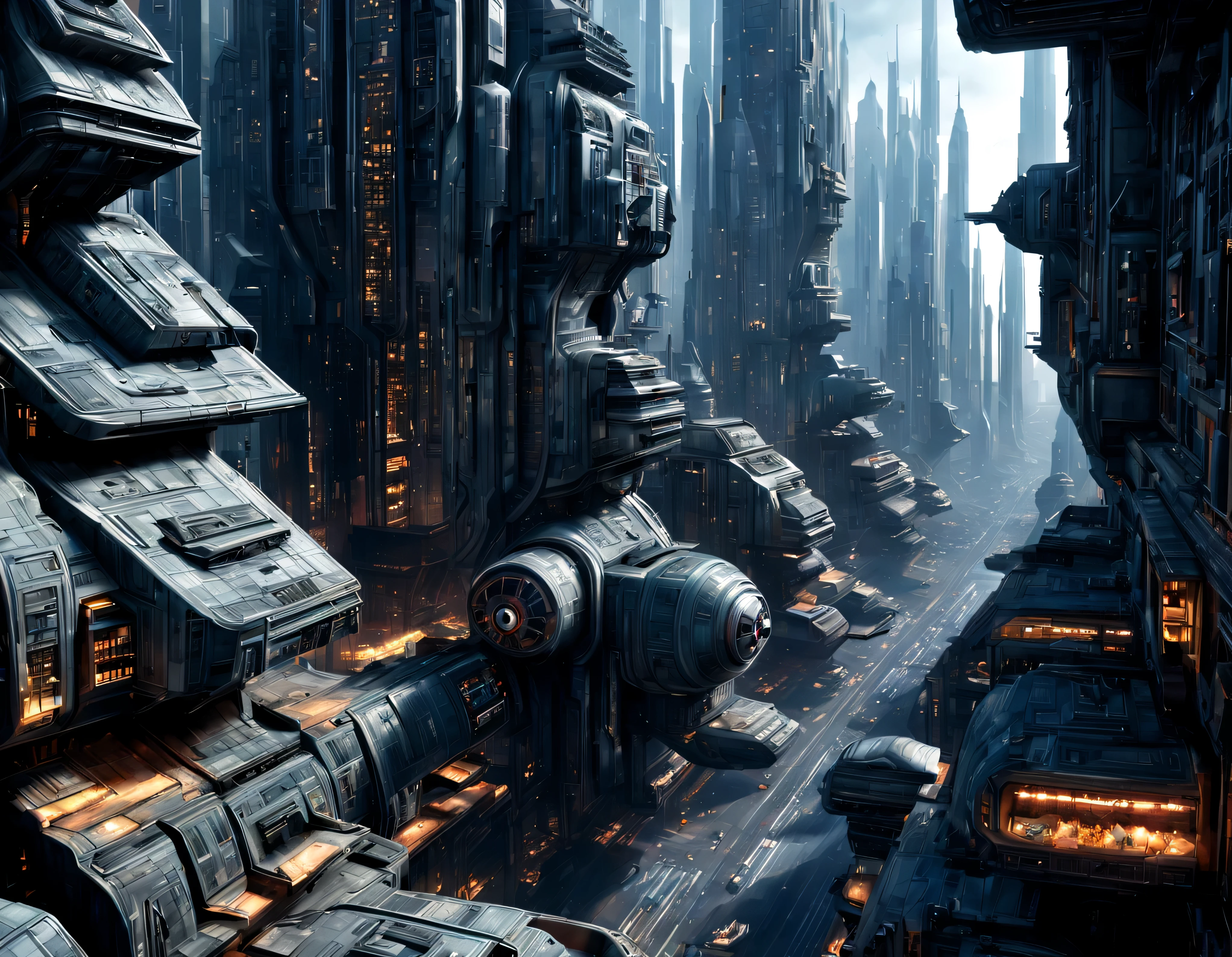 (The city of Coruscant from Star Wars as designed by Doug Chiang), futuristic fantasy city with immense buildings of technological design (que forman una avenida infinita), non-blurred compact buildings with metallic appearance, luces en ventanas en edificios, daylight lighting with sun, con estructuras acristaladas espectaculares, (con colores vivos). pavimento ensolado (sin brillo). gente paseando. imagen bien definida con muchos edificios juntos. sharp well defined 8k image. los edificios llegan alta el fondo.,8k. cinematographic image. ((obra maestra de superior calidad)). (renderizado 3D). fondo nitido.