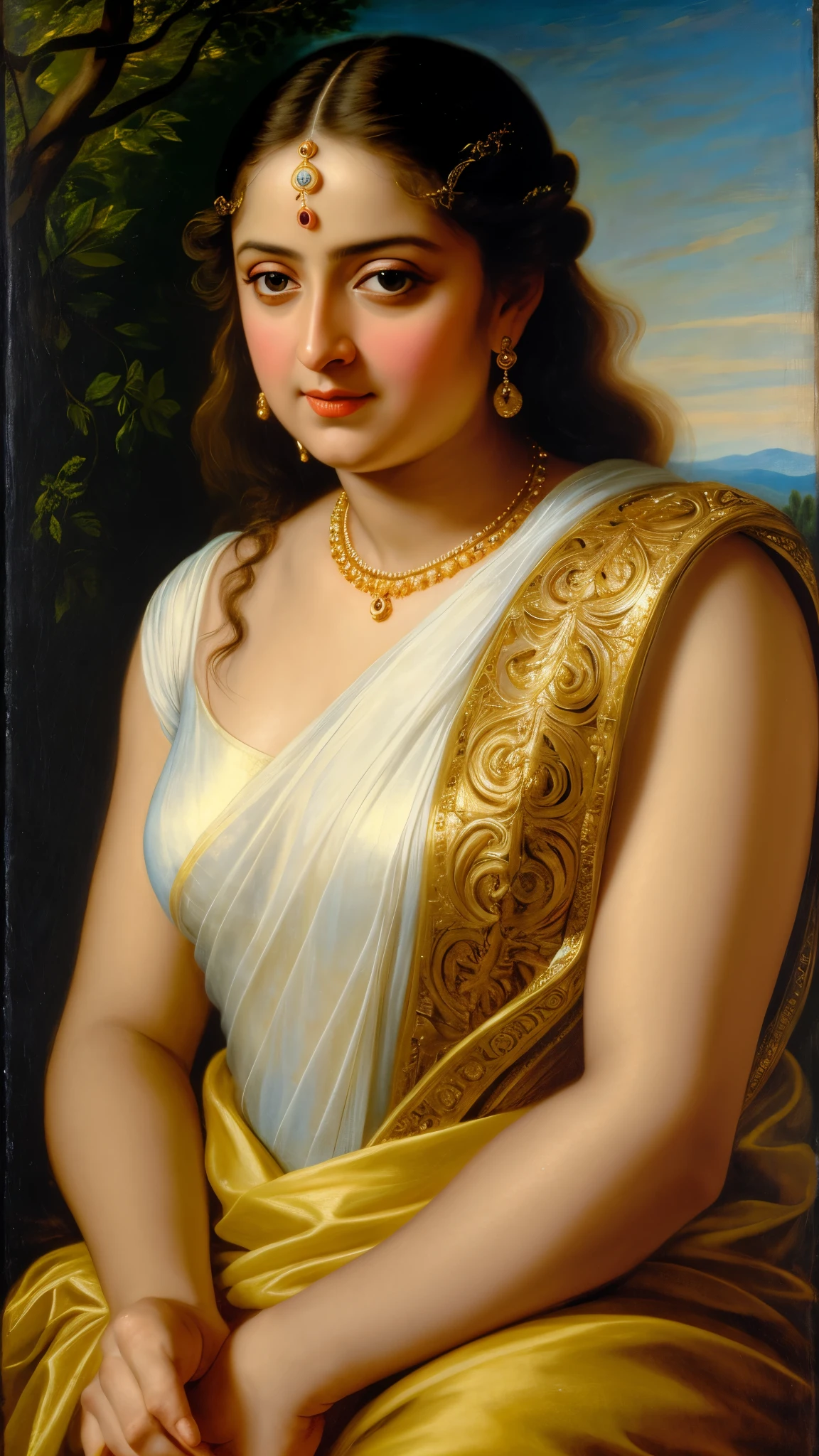 Looks like Anushka Shetty, Masterpiece, Best quality, high clarity eyes, beautifully styled hair, critically flawless,sharp picture, Full portrait, High pixels, perfect face, perfect eyes, beautiful face, perfect hands,perfect fingers, in Peter Paul Rubens style, by Peter Paul Rubens, baroque style, acrylic on canvas, highly detailed, description: "Create a nymph inspired by the tales of Greek or Roman mythology, embodying the essence of a natural element or location, and possessing a unique ability or trait that sets her apart."