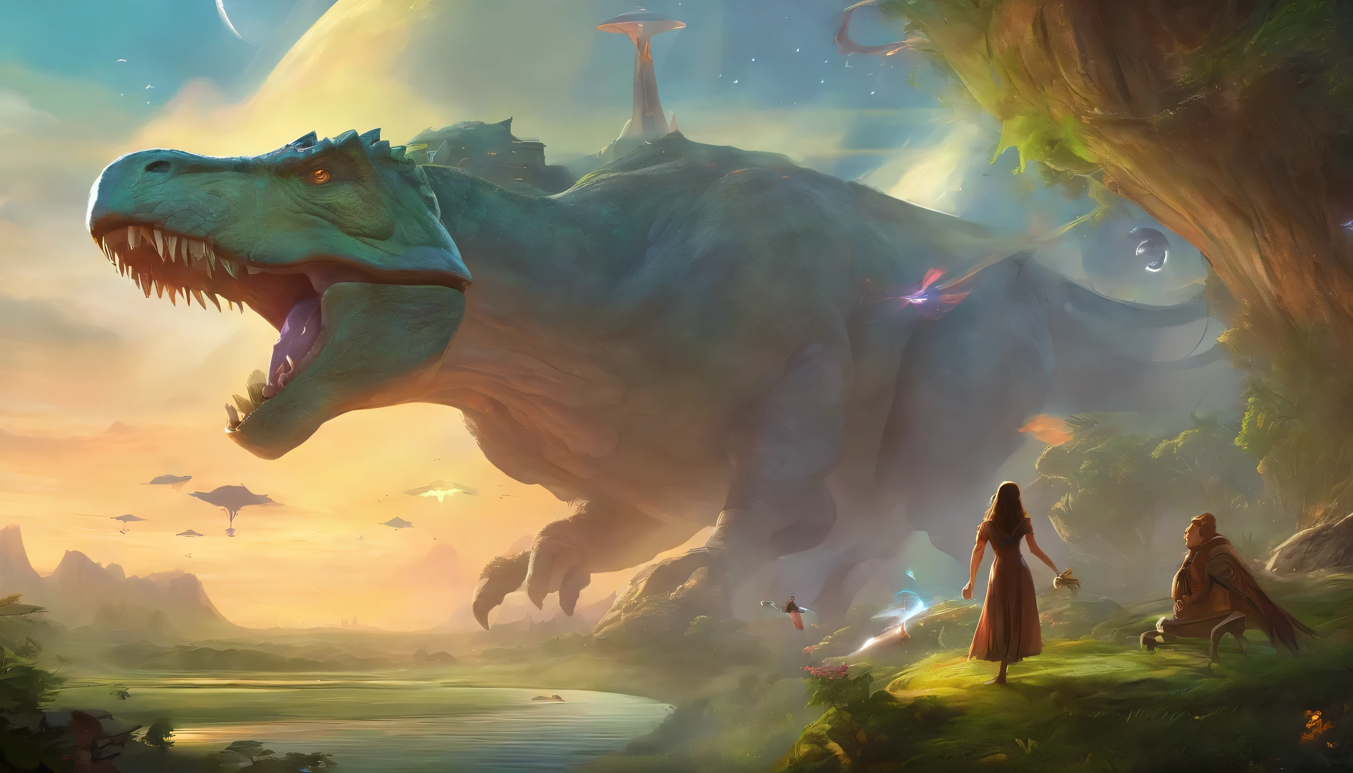 Conclude the story with an image depicting the spaceship and dinosaur in a moment of celebration. Capture the whimsy and joy as the characters symbolize the triumph of surrealism and science fiction, leaving an indelible mark on the fantastical landscape.