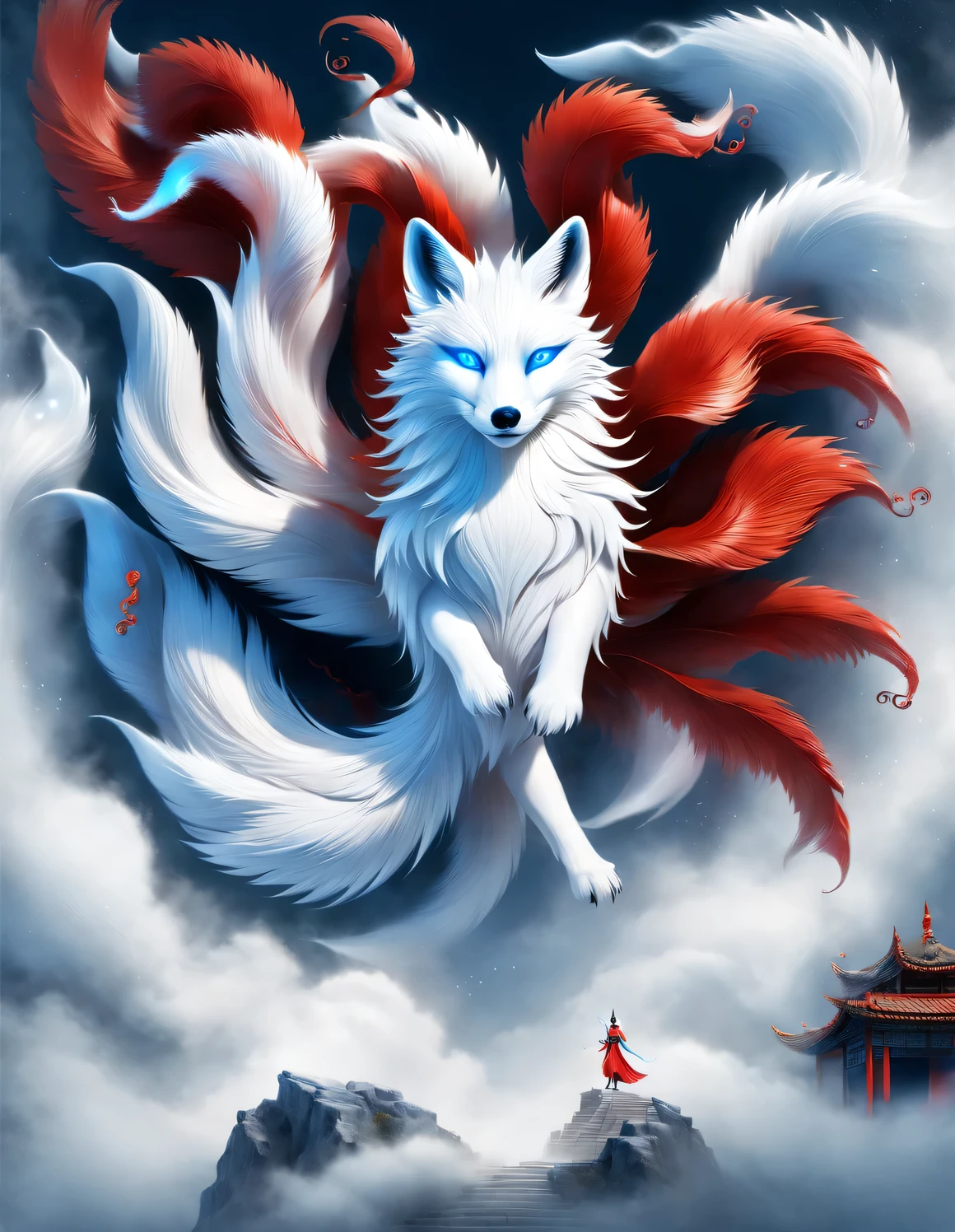 scenography, role conception, a white fox with blue eyes in ancient Chinese mythology, There are nine red tails spreading wildly below (All aside), standing posture, dynamic poses, (The nine huge red tails that protrude from the fox&#39;s waist down), (blue eyes), With clear fox claws, Mysterious legends, Chinese mythology, Ancient divine beasts, and Chinese Classic of Mountains and Seas, concept art, illustration, 8k, Smooth, clear focus, fantasy, Epic visual effects,