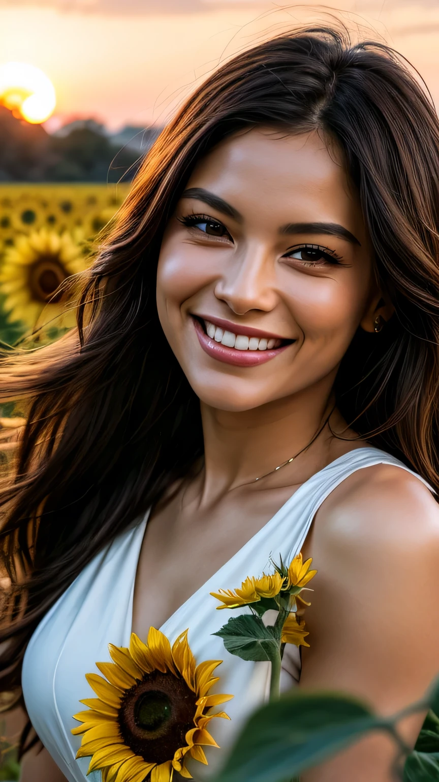 Picture a photorealistic image of a joyful lady with long, black hair joyfully spinning through a field of golden sunflowers at golden hour. A broad smile spreads across her face, showcasing her dazzling lips. Her eyes sparkle with pure happiness as she looks directly at the viewer, sharing the moment of pure joy. Capture the movement of her hair flowing in the wind, the vibrant yellow of the sunflowers swaying in the field, and the warm glow of the setting sun painting the scene in warm tones.