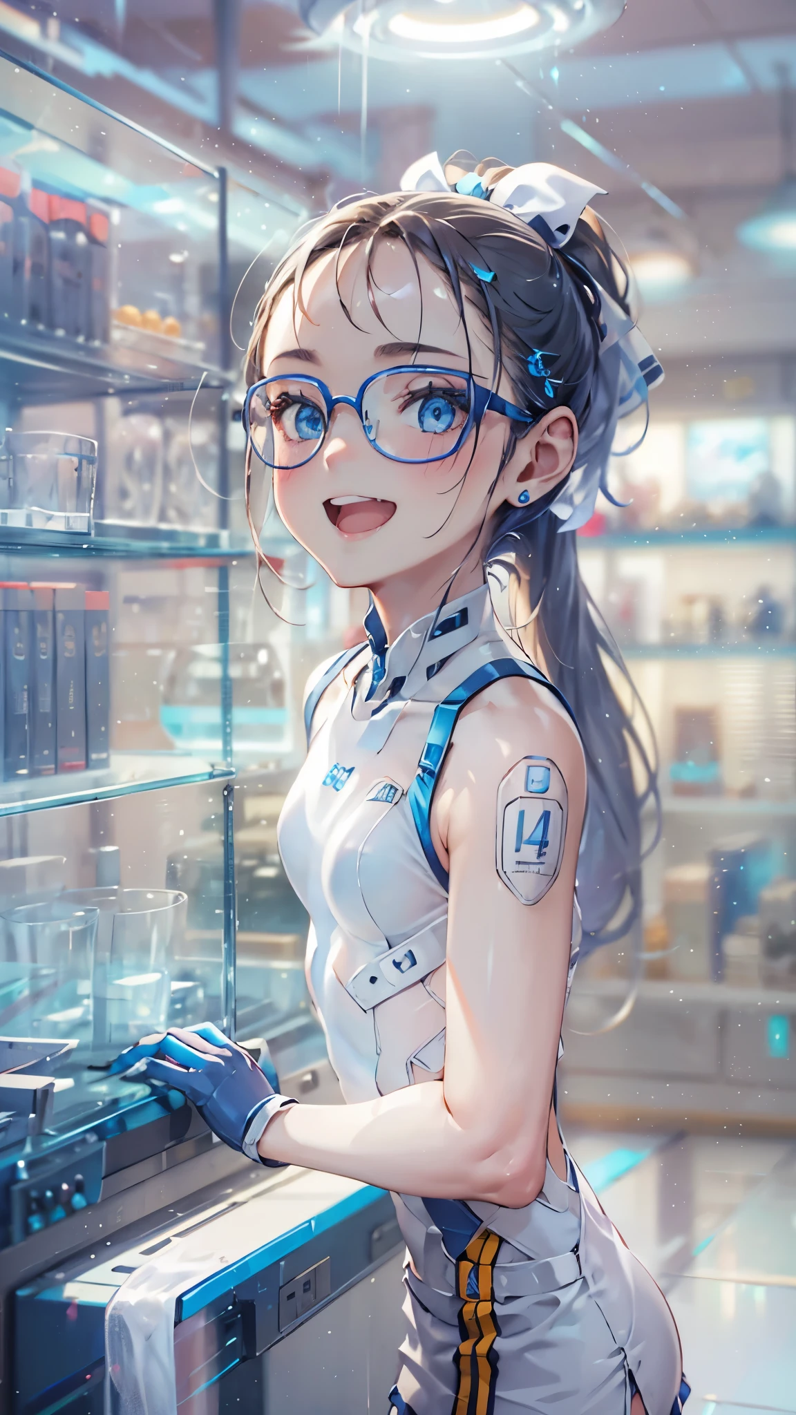 woman,,Research room,(((white and blue tight miniskirt bodysuit))),,open mouth smile((See-through))glasses,((beautiful long ponytail)),((Baby girl bohape))