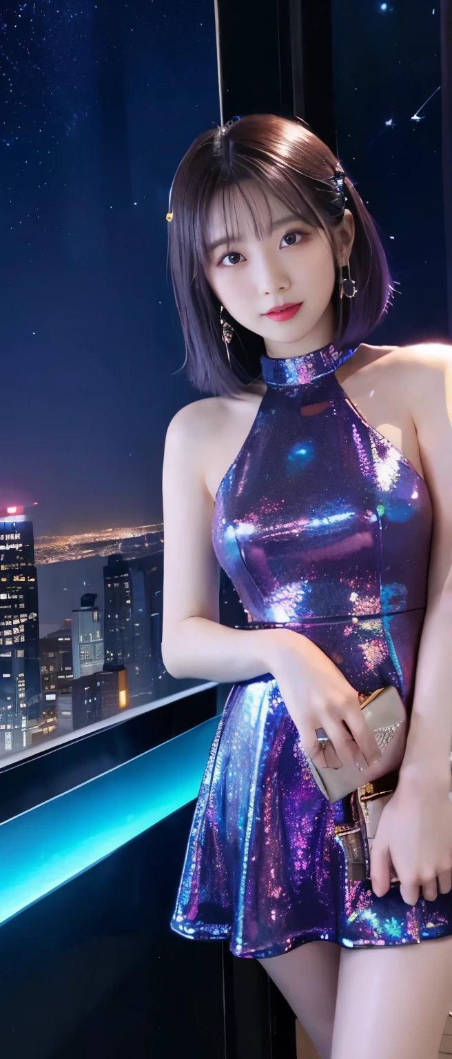 galaxy express female idol、whole body、good style、、、、、meteor shower mini dress、Colorful luminescence