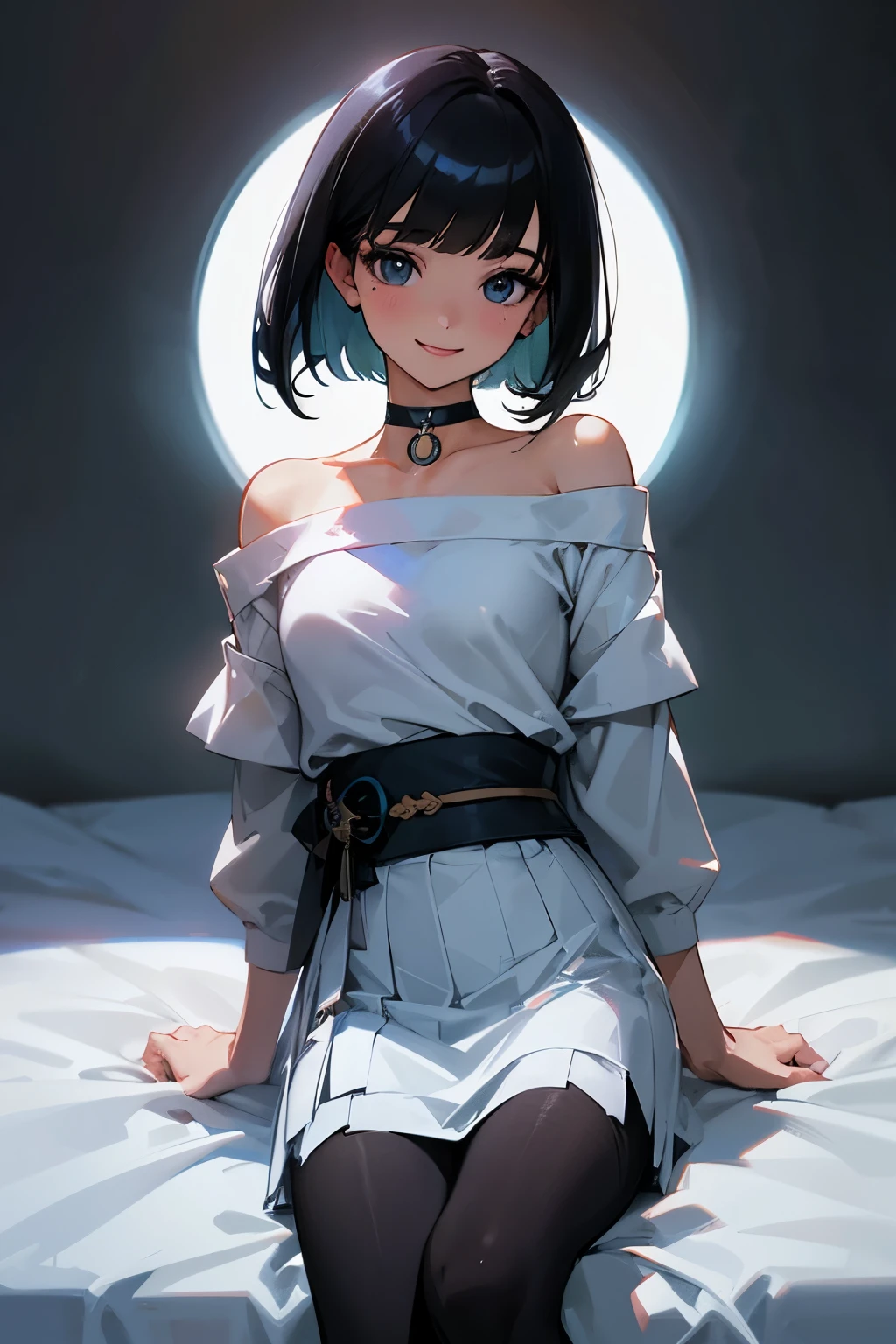 highest quality, masterpiece, ultra high resolution, realistic, 1 girl, off shoulder, knit, smile, smile, hoodie, skirt, Long tights, soft lighting, fine skin, bangs, black hair, clear eyes, short bob hair, Transparency, Japan, woman, upper eye, lip gloss, Black Chic Choker, trickle, mole on chest, small breasts, eye highlights