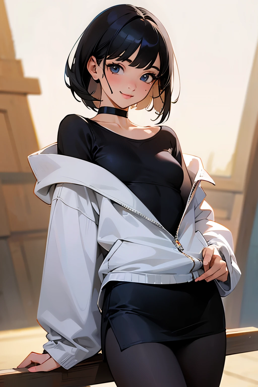 highest quality, masterpiece, ultra high resolution, realistic, 1 girl, off shoulder, knit, smile, smile, hoodie, skirt, Long tights, soft lighting, fine skin, bangs, black hair, clear eyes, short bob hair, Transparency, Japan, woman, upper eye, lip gloss, Black Chic Choker, trickle, mole on chest, small breasts, eye highlights
