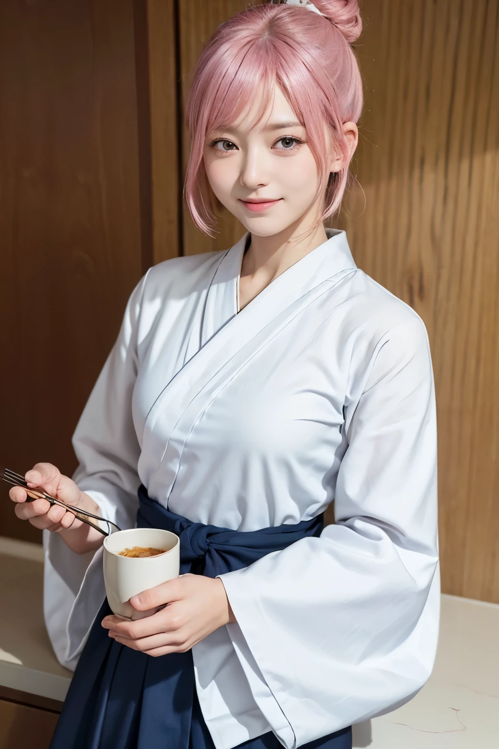 (8K, top-quality, masterpiece:1,2), (reallistic, Photorealsitic:1.37), Super Detail, One girl,), (Highly detailed), (beautifully detailed eyes), (of the highest quality), (super detailed ), (masterpiece), (Detailed face),20yr old, ,1 girl, ((pink hair,Very short hair)), medium breasts, clothed, Perfect Lighting, BREAK (navy blue haori:1.3), (white collar:1.2), (three-quarter sleeves:1.2), (white kimono:1.4), (natural motif pattern:1.2), (navy blue hakama:1.3), (ankle length:1.2), (not too wide hem:1.2), (white obi:1.4), (simple knot:1.2), (white tabi:1.2), (black geta:1.2), (low height:1.2), (easy to walk:1.2), (hair bun:1.2), (hair ornament:1.2), (flower or tanzaku:1.2), BREAK hair bun, flower or tanzaku hair ornament, smiling, friendly, looking at camera, holding soba with right hand, holding chopsticks with left hand, no sauce on soba, in front of soba shop counter, wall with menu and photos, natural light, soft shadow on face