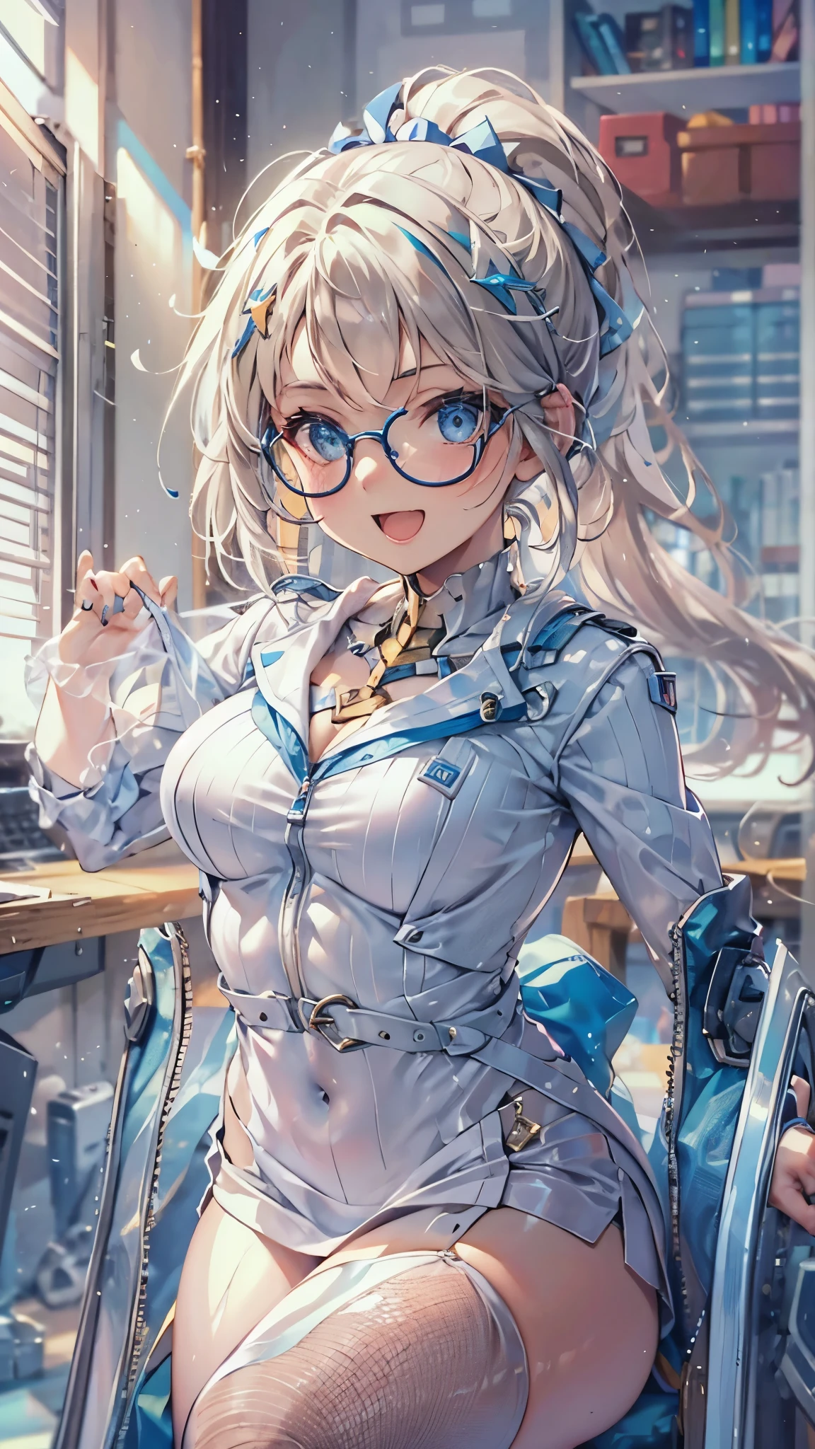 woman,************,Research room(((white and blue tight miniskirt bodysuit))),,open mouth smile((See-through))glasses,((beautiful long ponytail)),((Baby girl body shape))((blonde))