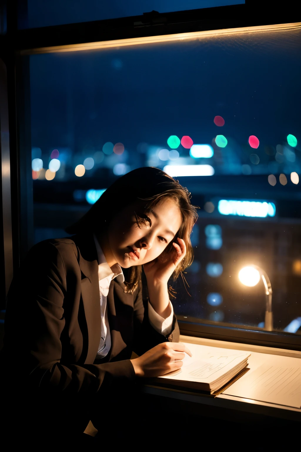 ((office worker)), ((Emotional)), (night view),perfect face,suit,coffee