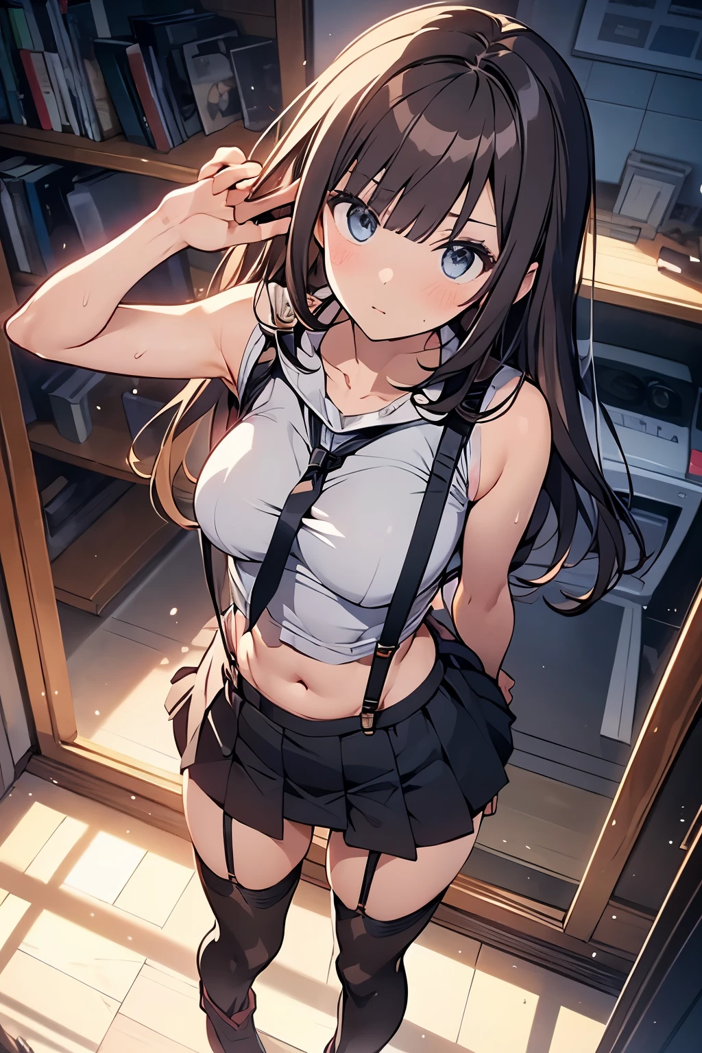 brown hair、looking at the viewer　　suspenders　　　Bulging big breasts　　 　 　　　　Black miniskirt　garter belt　knee high socks　　　　　　Gaze　　　small face　bangs 　　　　　Beauty　　hands up　　 　Gaze 　black boots 　provocation　　armpit sweat　one person 　　put your hands behind your back　cutter shirt　　Panty shot　ginka 
