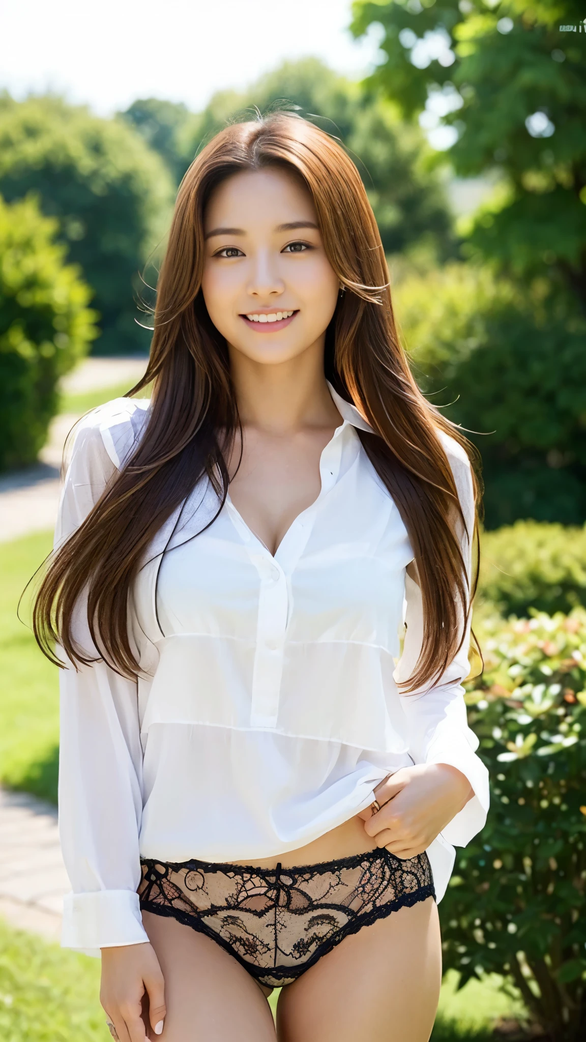 1 woman, Dreaming Background, (Highly detailed body, very detailed face, top quality:1.4), (25 year old woman), looking at viewer, A smile with visible teeth, I can't see her hands, (very long layered hair:1.2), (Her thighs are very beautiful:1.3), (8 thousand:1.5), (Lovely men&#39;s Y shirt:1.3), (skin glow:1.3), (huge breasts:1.3), The Most Beautiful Women in Korea, beautiful bridge, panties, 