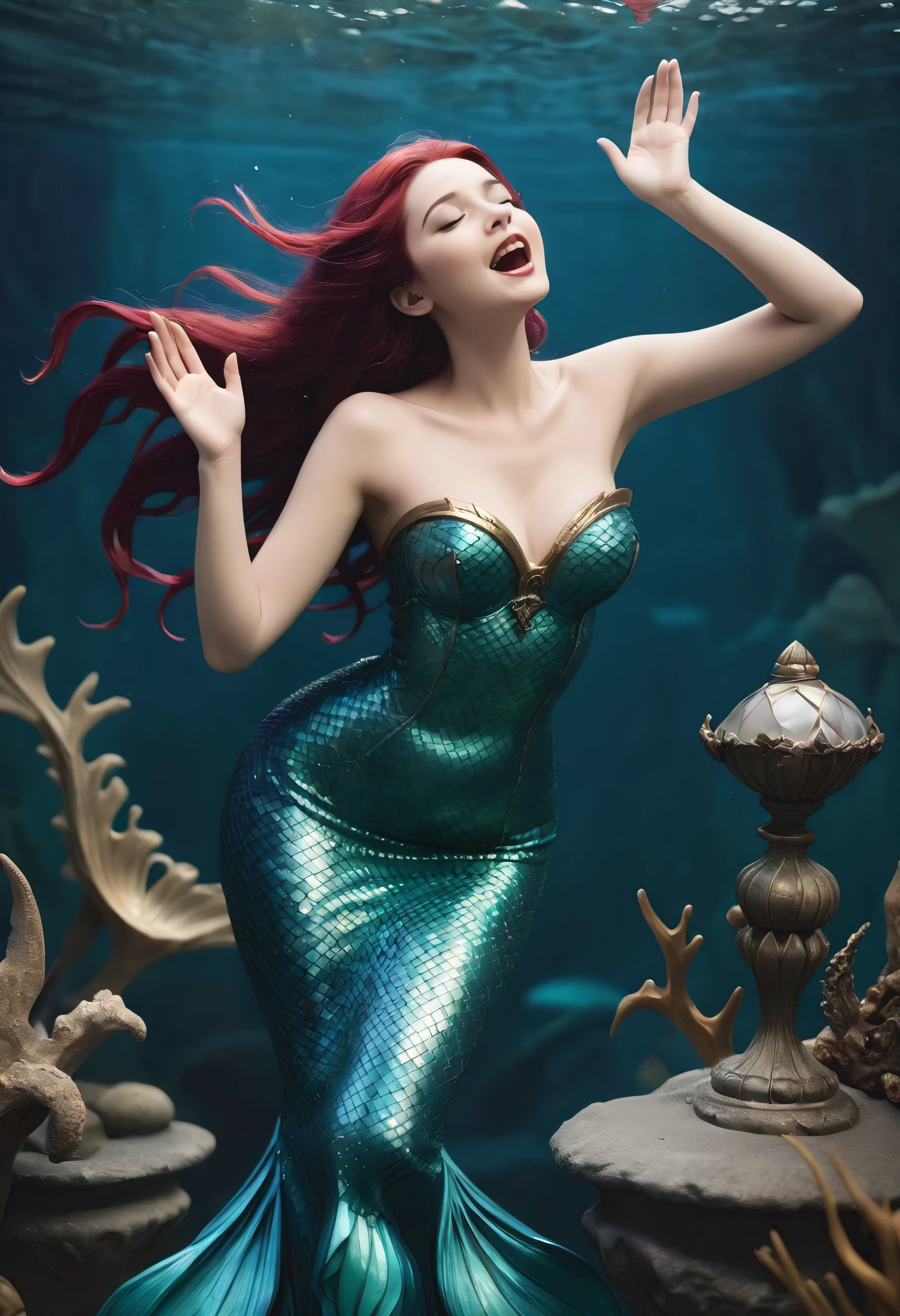 Beautiful woman dressed as mermaid, looking to the camera, smiled, underwater, bubbles, snails, corals, fishes, hyper realistic, cinematic, photorealistic, perfect contrast, gorgeous, elegant, award winning photography, 8k resolution, volumetric lighting, bioluminescent