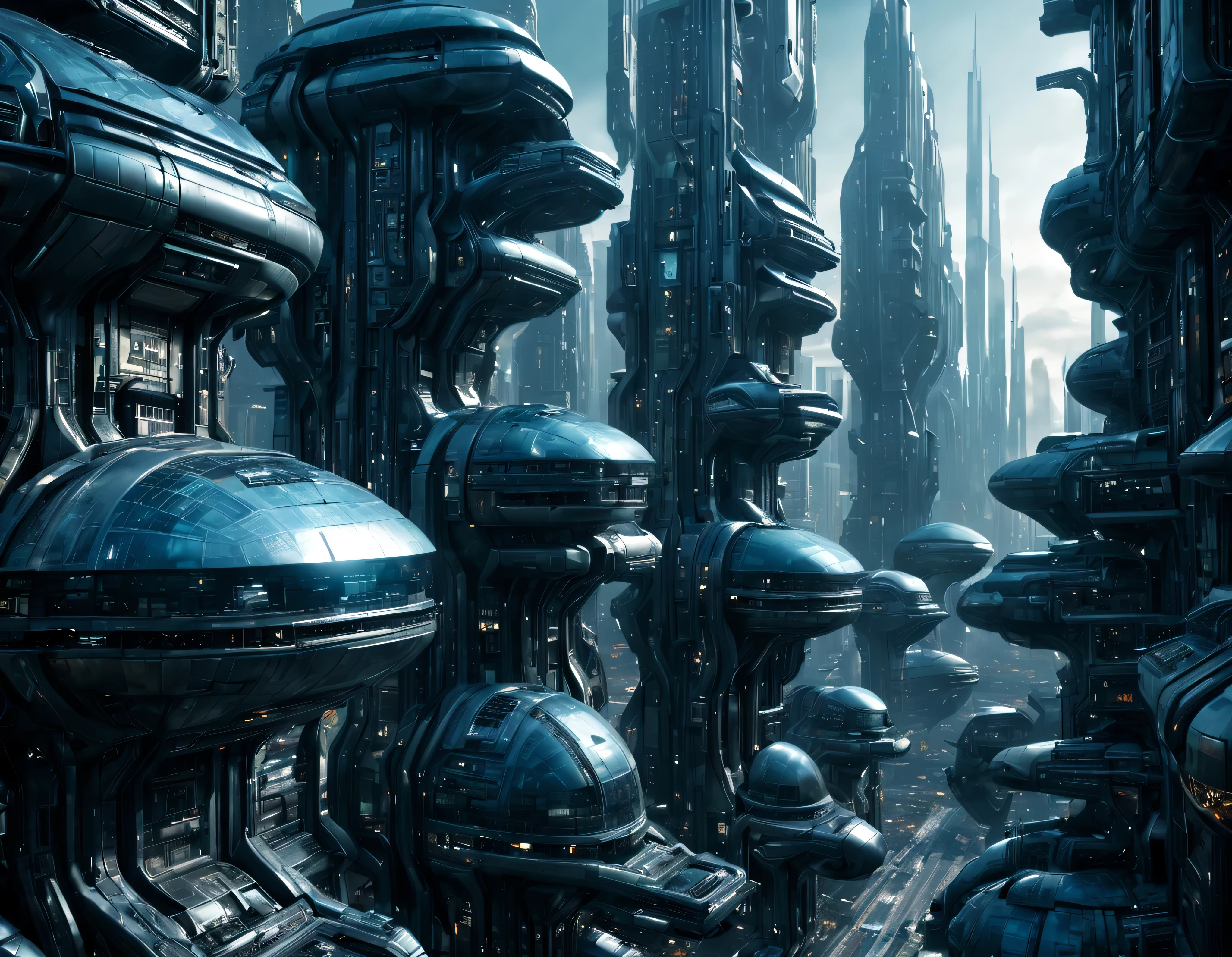 street of an extraterrestrial alien city with futuristic and technological architecture in its metal and glass conglomerado de buildings, some aliens walking around, ventanas iluminadas, all full of imagination, science fiction and (intrincados detalles de la maquina).imagen fotorrealista, Maximum sharpness, calidad 8k.(obra maestra de calidad superior). 3D.