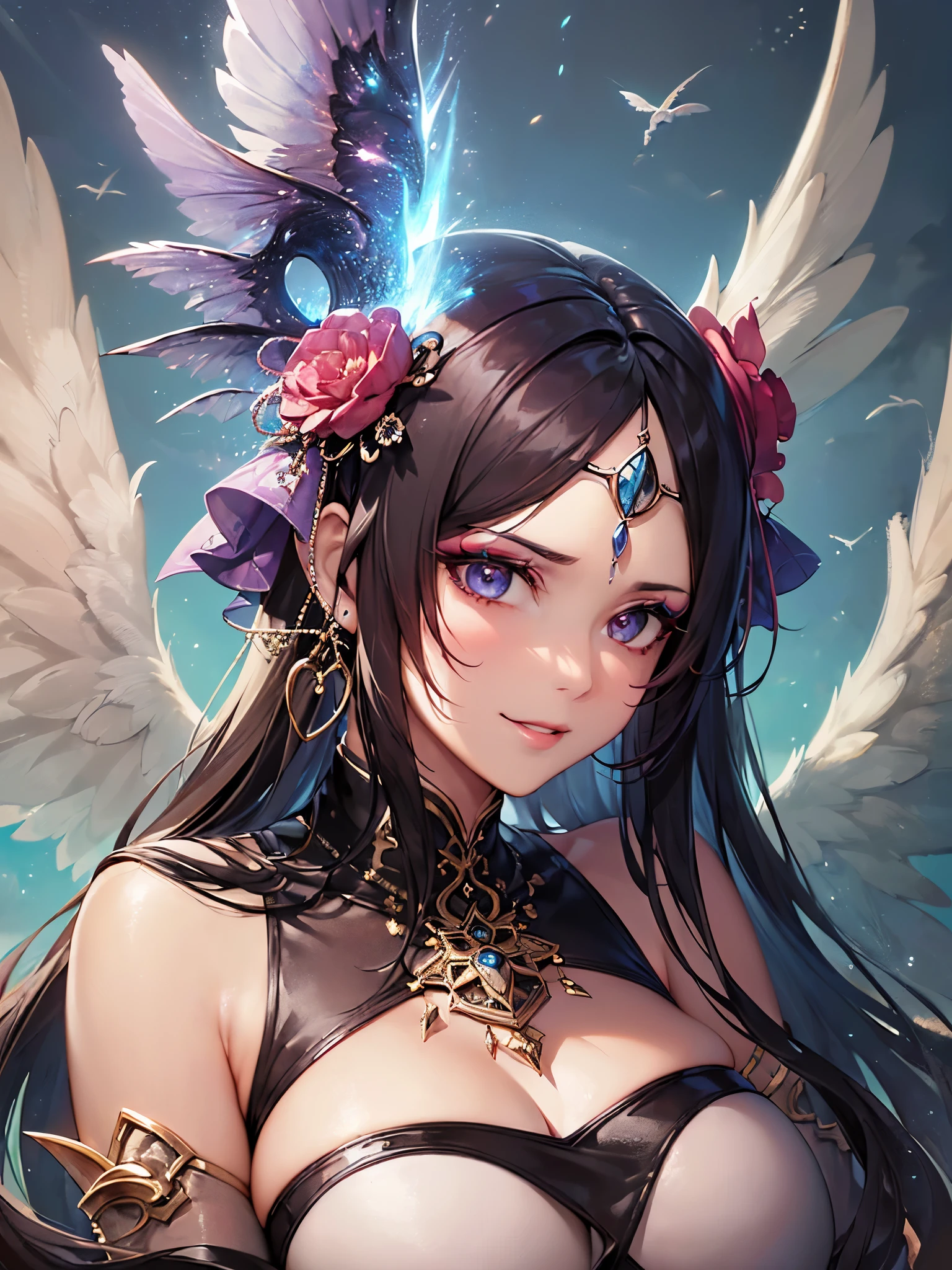 ((highest quality)),(ultra high resolution),(Super detailed),(detailed description),((best CG)),(best work of art),super precision art,great drawing art,(Fantasy art with precise details:1.5), (1 Female Angel:1.6),(one female demon:1.6),(beautiful and well-shaped face:1.5),(makeup:1.5),(smile:1.4),(troubled face:1.4),(hugging each other:1.6),(Meticulously detailed clothing:1.7),