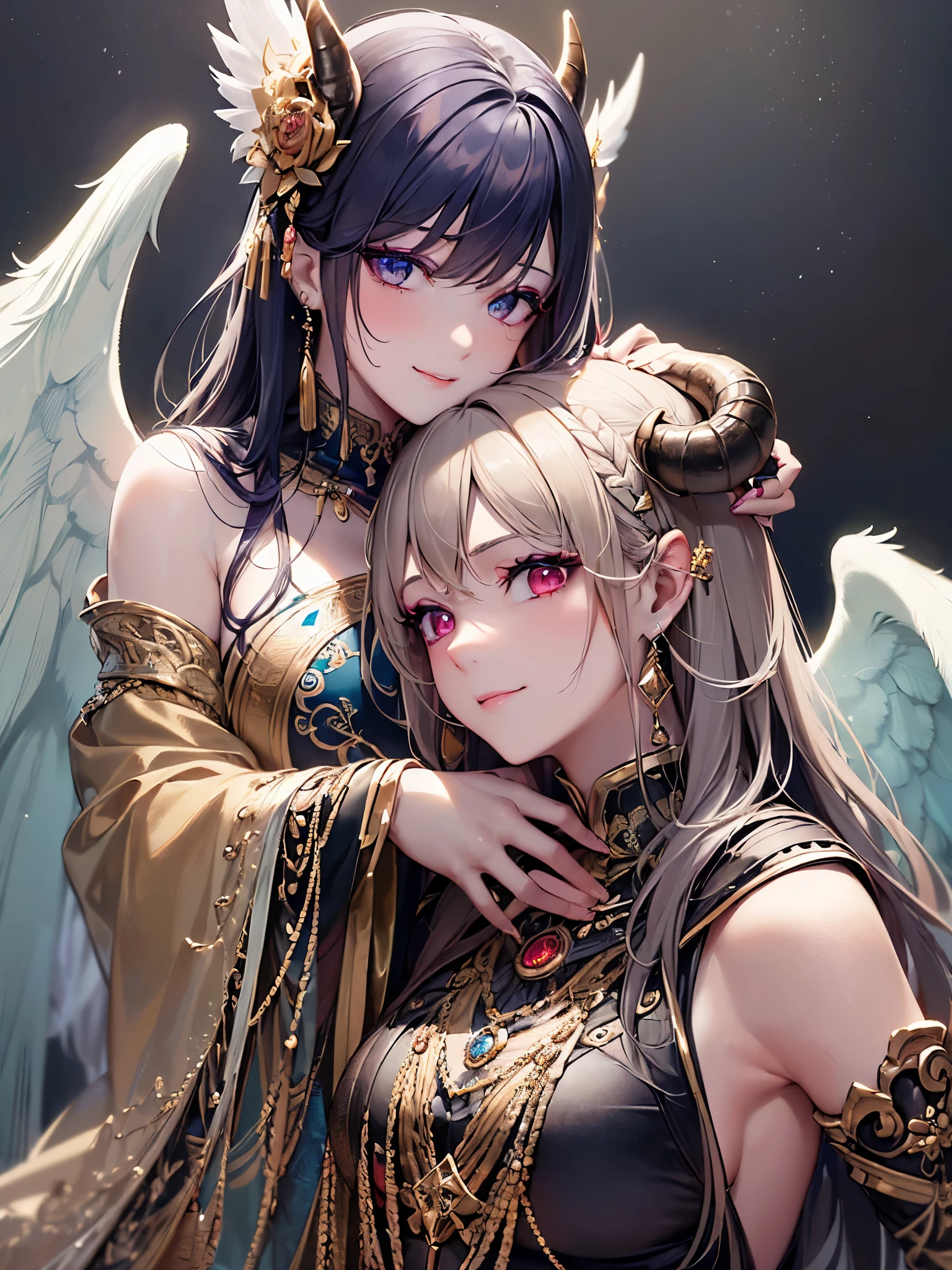 ((highest quality)),(ultra high resolution),(Super detailed),(detailed description),((best CG)),(best work of art),super precision art,great drawing art,(Fantasy art with precise details:1.5), (1 Female Angel:1.6),(one female demon:1.6),(beautiful and well-shaped face:1.5),(makeup:1.5),(smile:1.4),(troubled face:1.4),(hugging each other:1.6),(Meticulously detailed clothing:1.7),