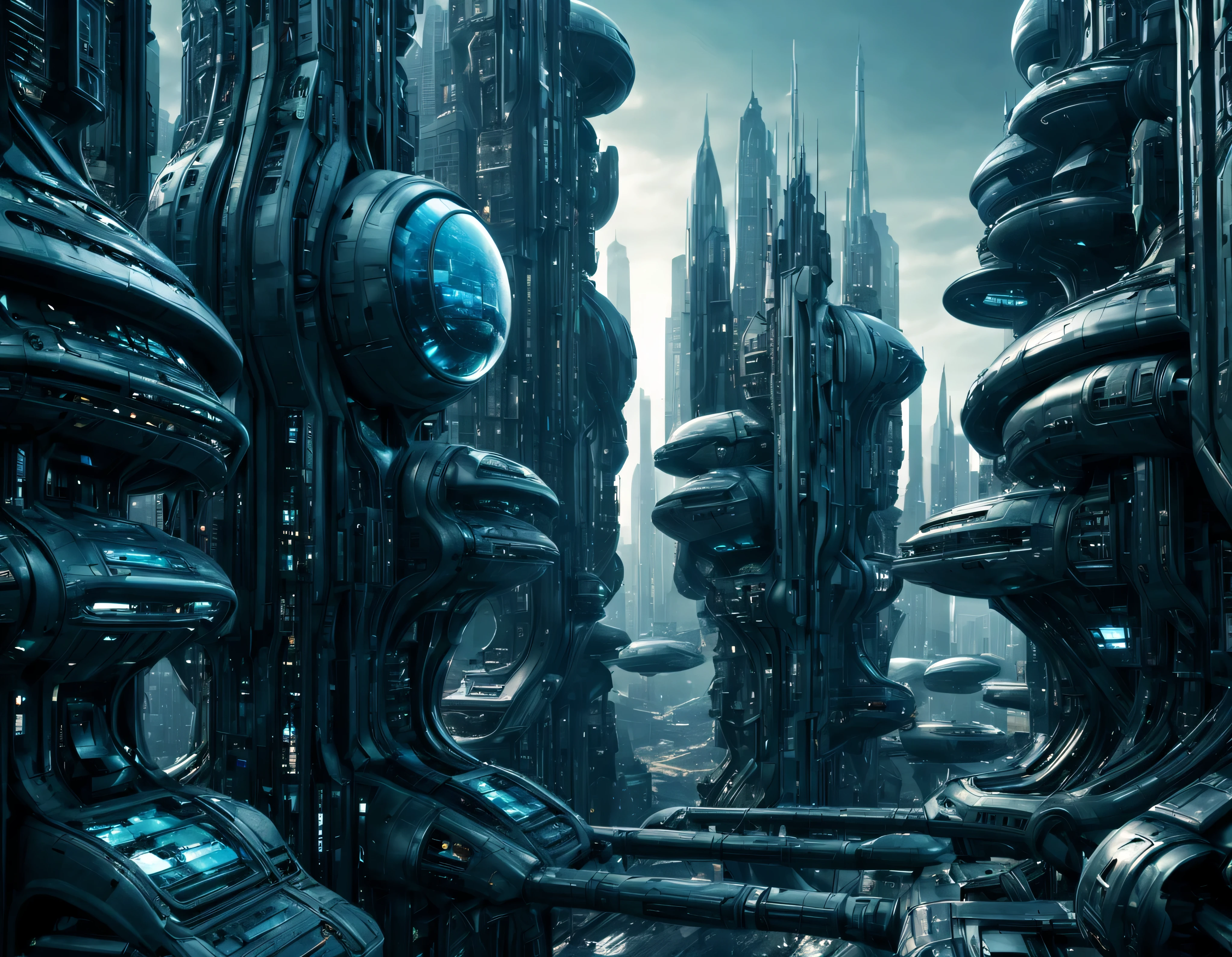 street of an extraterrestrial alien city with futuristic and technological architecture in its metal and glass conglomerado de buildings, some aliens walking around, ventanas iluminadas, all full of imagination, science fiction and (intrincados detalles de la maquina).imagen fotorrealista, Maximum sharpness, calidad 8k.(obra maestra de calidad superior). 3D.