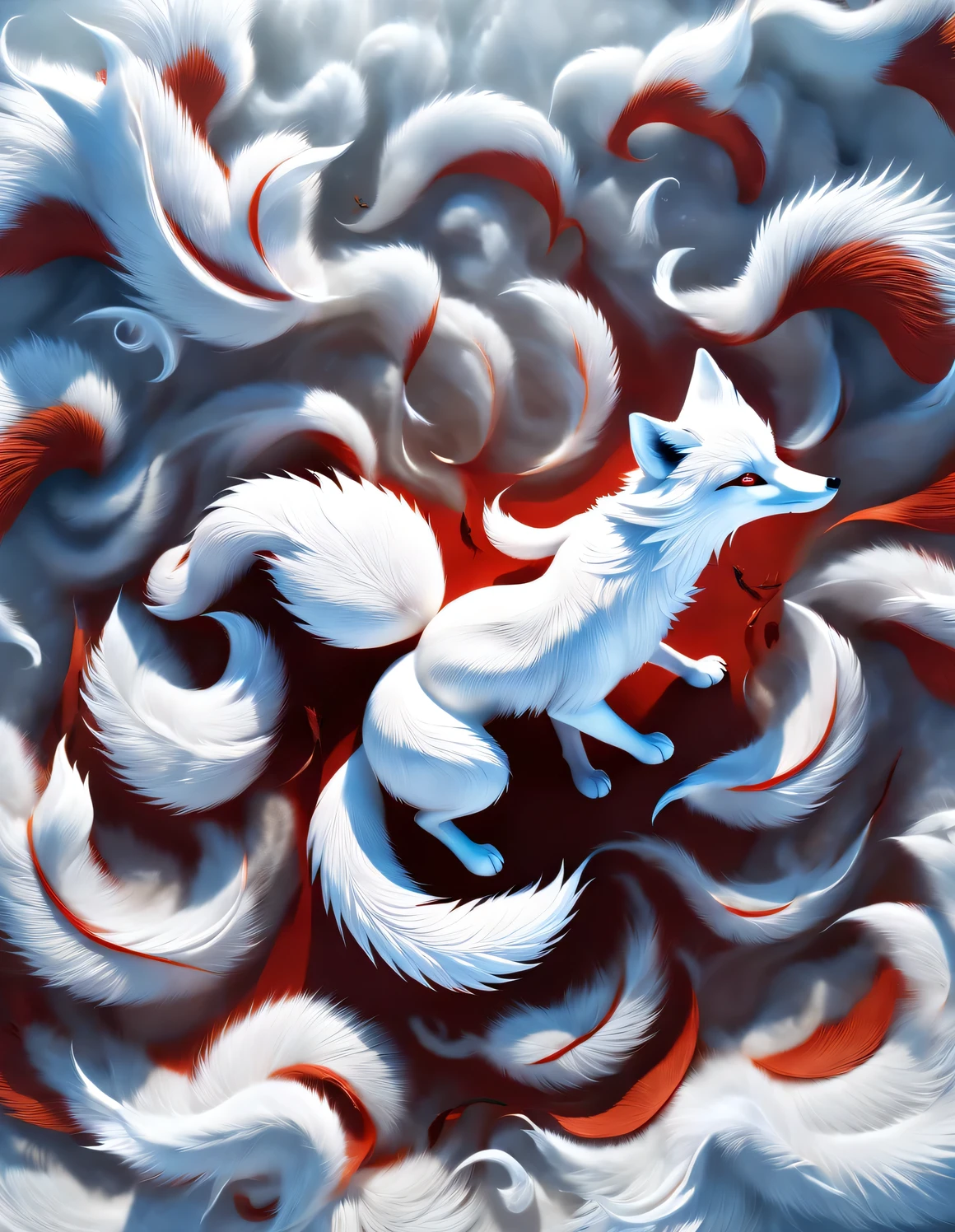 scenography, role conception, 3d rendering, realistic fur,
In ancient Chinese mythology, A white fox with blue eyes. It has nine red tails，fan-shaped，unfold wildly below。 (Whole body sideways), stand in dynamic poses (The nine huge red tails that protrude from the fox&#39;s waist down), (The edge of each tail exudes a faint silver light), And there are obvious fox claws,
Mysterious legends, Chinese mythology, Ancient divine beasts, Chinese mountain and sea classics, concept art, illustration, 8k, Smooth, clear focus, fantasy, Epic visual effects, romanticism lain,